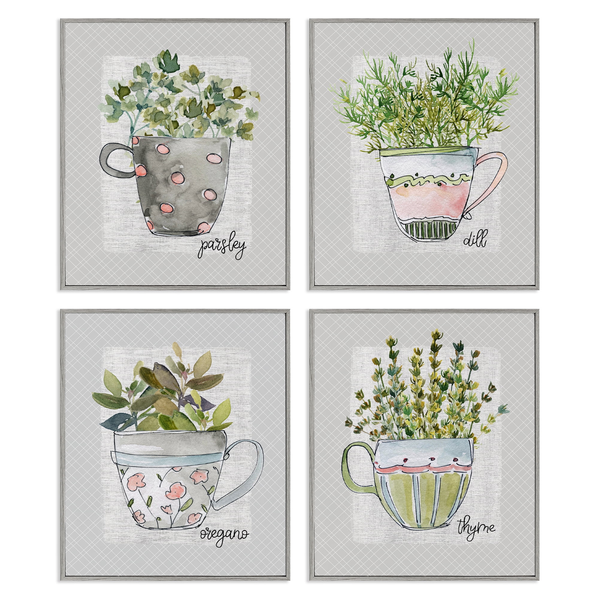 Stupell Industries Kitchen Herbs in Mugs 4 Piece Gray Framed Giclee Art Set, design by Livi Finn