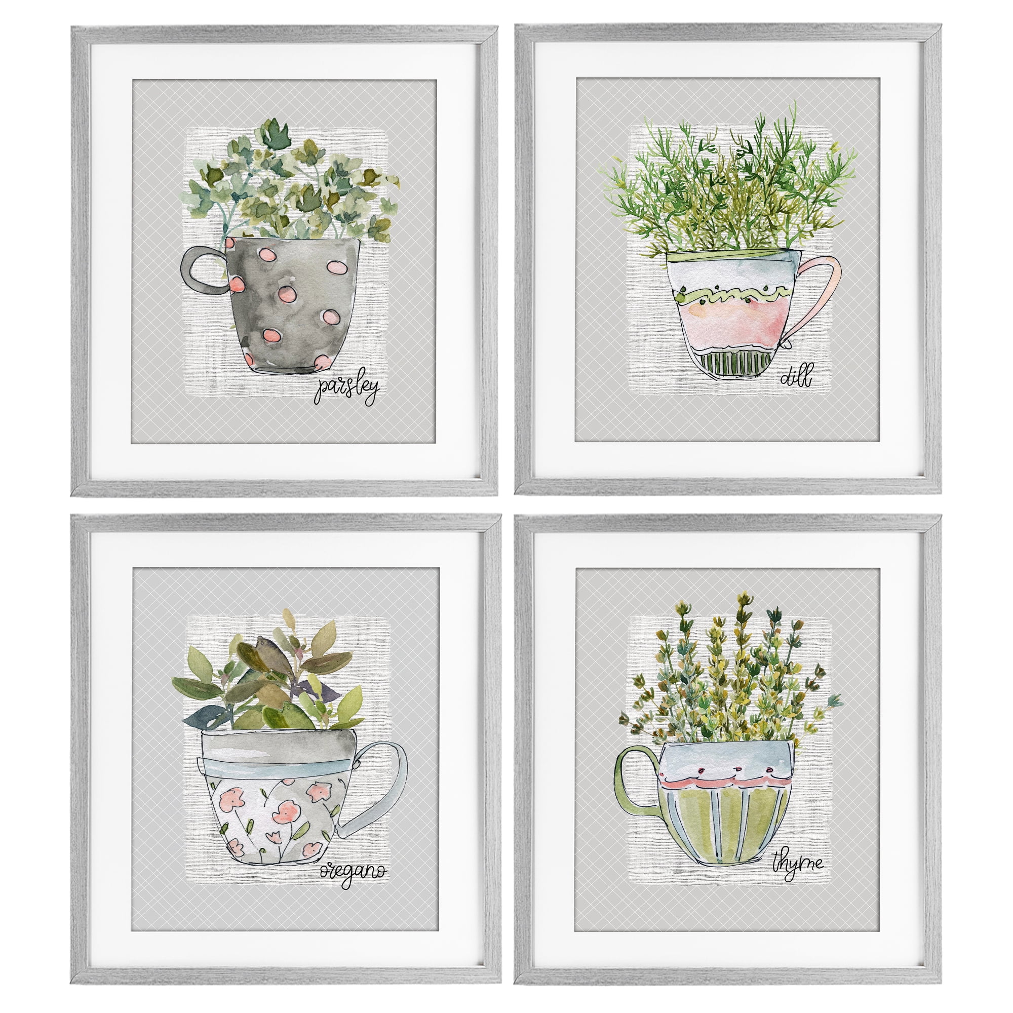 Stupell Industries Kitchen Herbs in Mugs 4 Piece Gray Framed Print Under Glass Set, design by Livi Finn