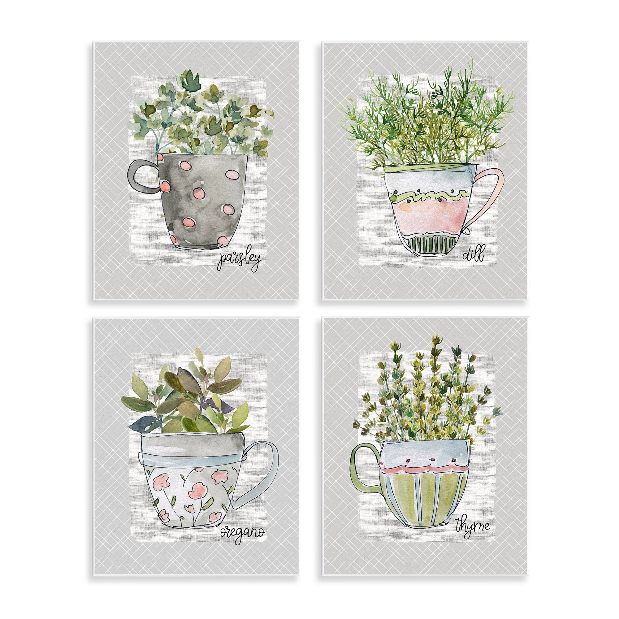 Stupell Industries Kitchen Herbs in Mugs 4 Piece Wall Plaque Art Set, design by Livi Finn