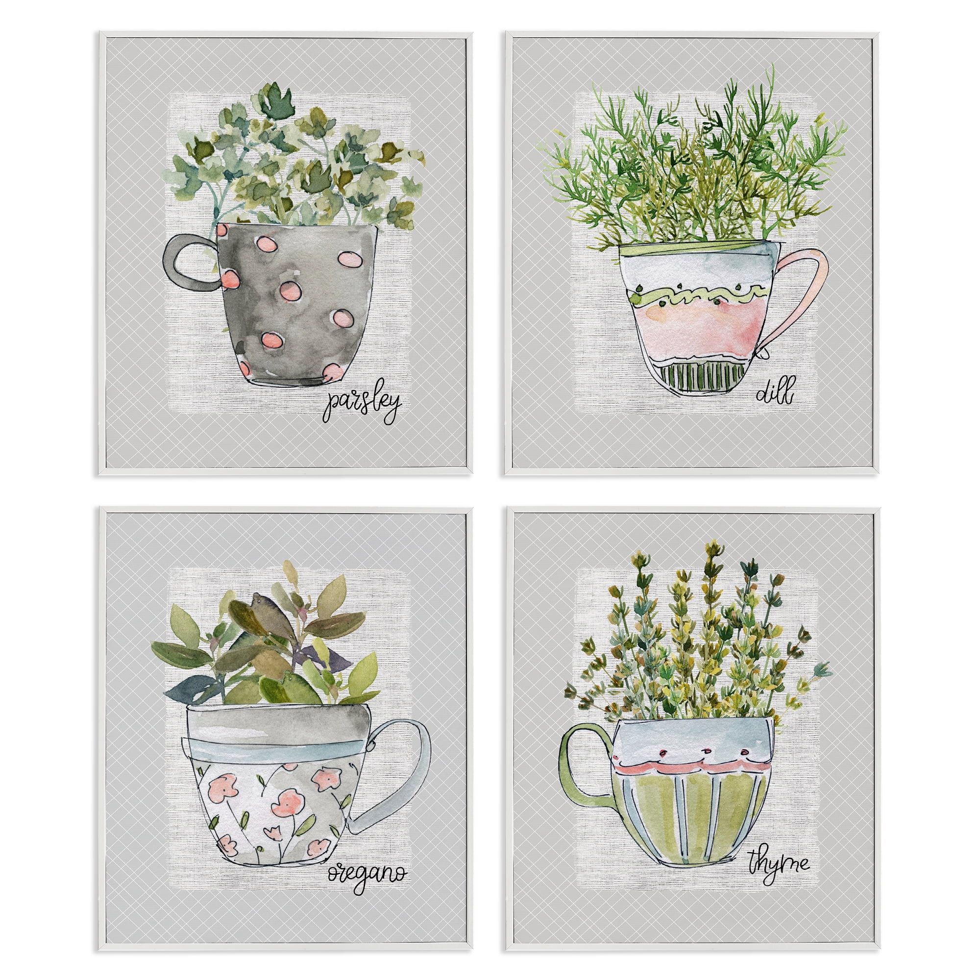 Stupell Industries Kitchen Herbs in Mugs 4 Piece White Framed Giclee Art Set, design by Livi Finn