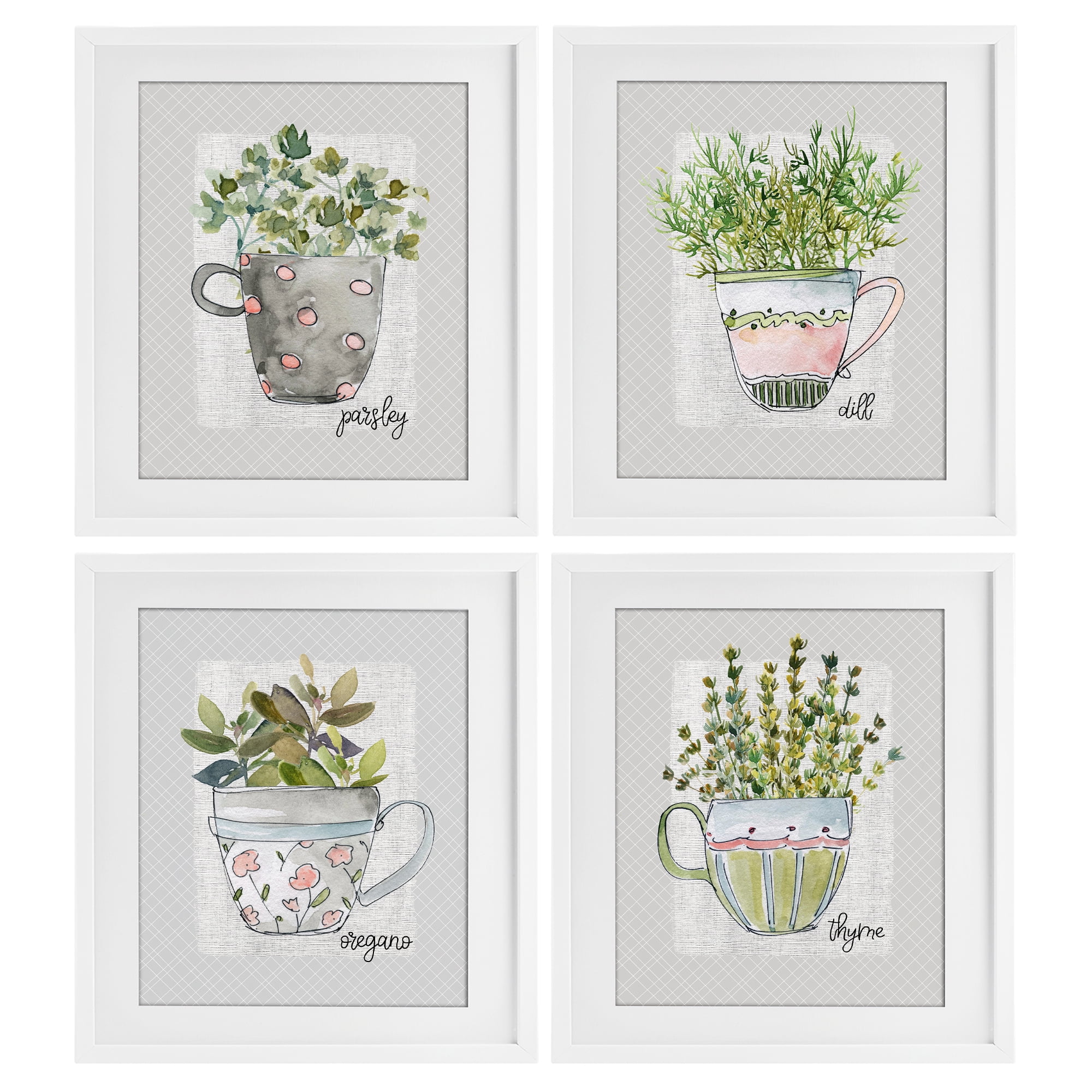 Stupell Industries Kitchen Herbs in Mugs 4 Piece White Framed Print Under Glass Set, design by Livi Finn