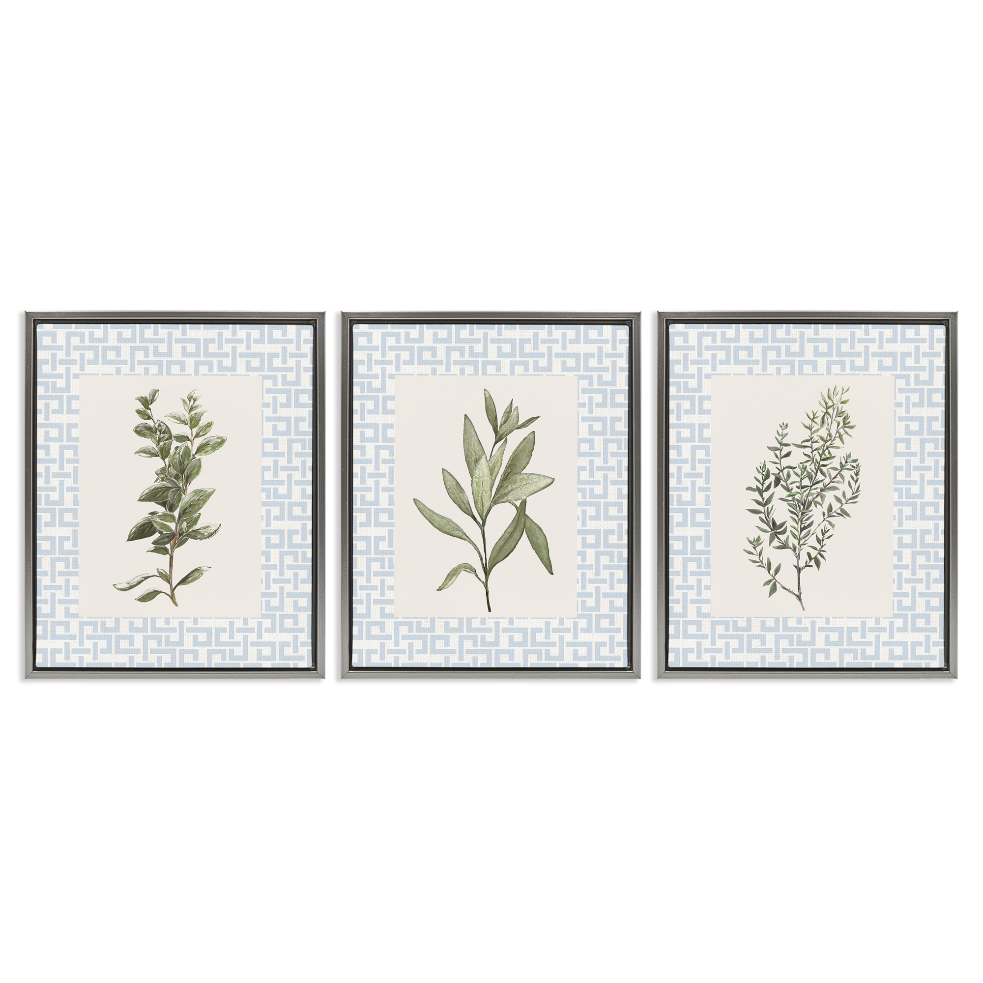 Stupell Industries Kitchen Herbs on Geometric 3 Piece Gray Framed Floater Canvas Set, design by Diannart
