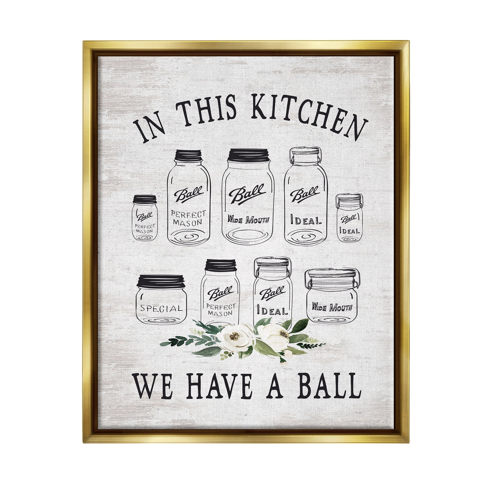 Stupell Industries Kitchen Jar Phrase Botanical & Floral Painting Gold Floater Framed Art Print Wall Art, 25 x 31