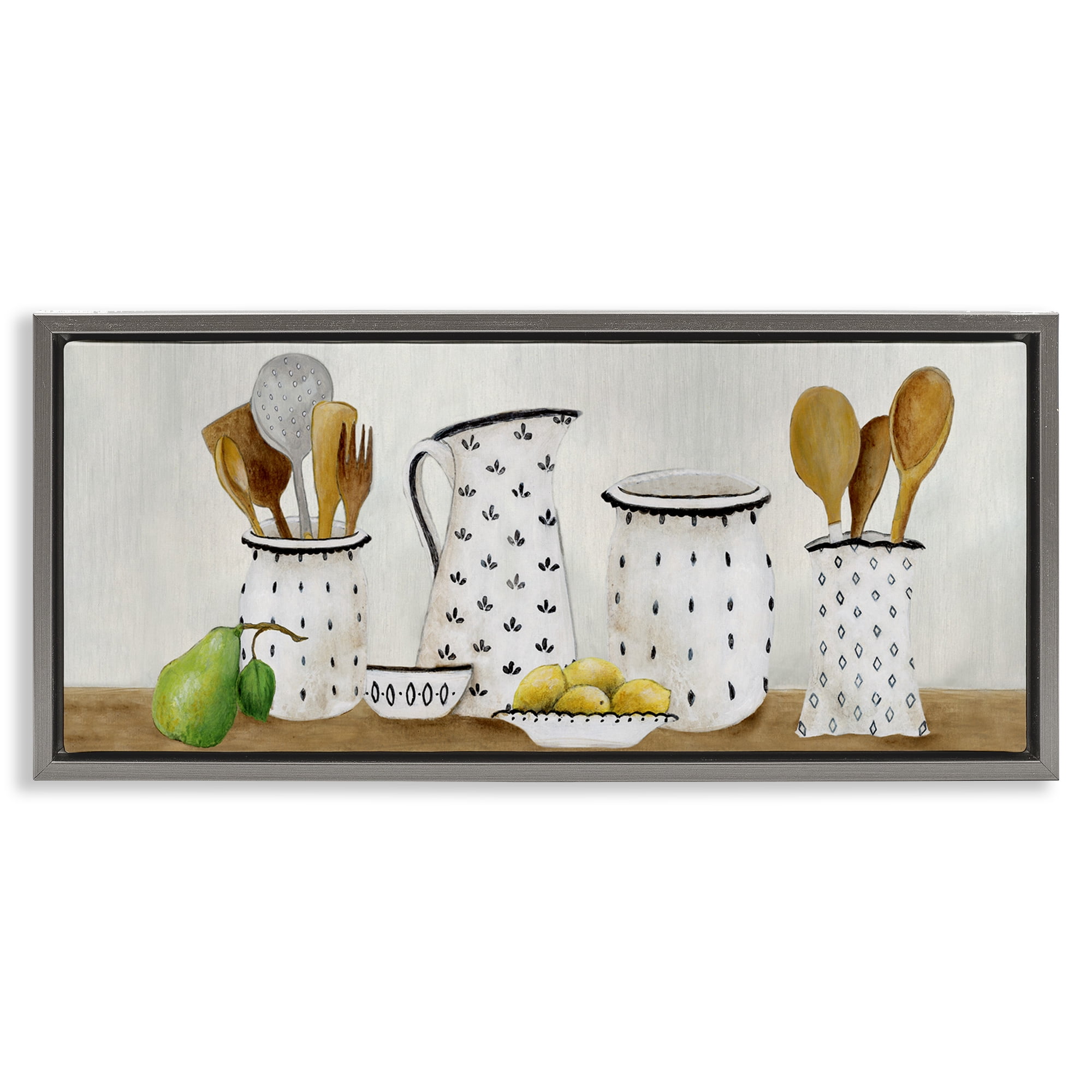 Stupell Industries Kitchen Jugs & Utensils Gray Framed Floater Canvas Wall Art, design by Janet Tava