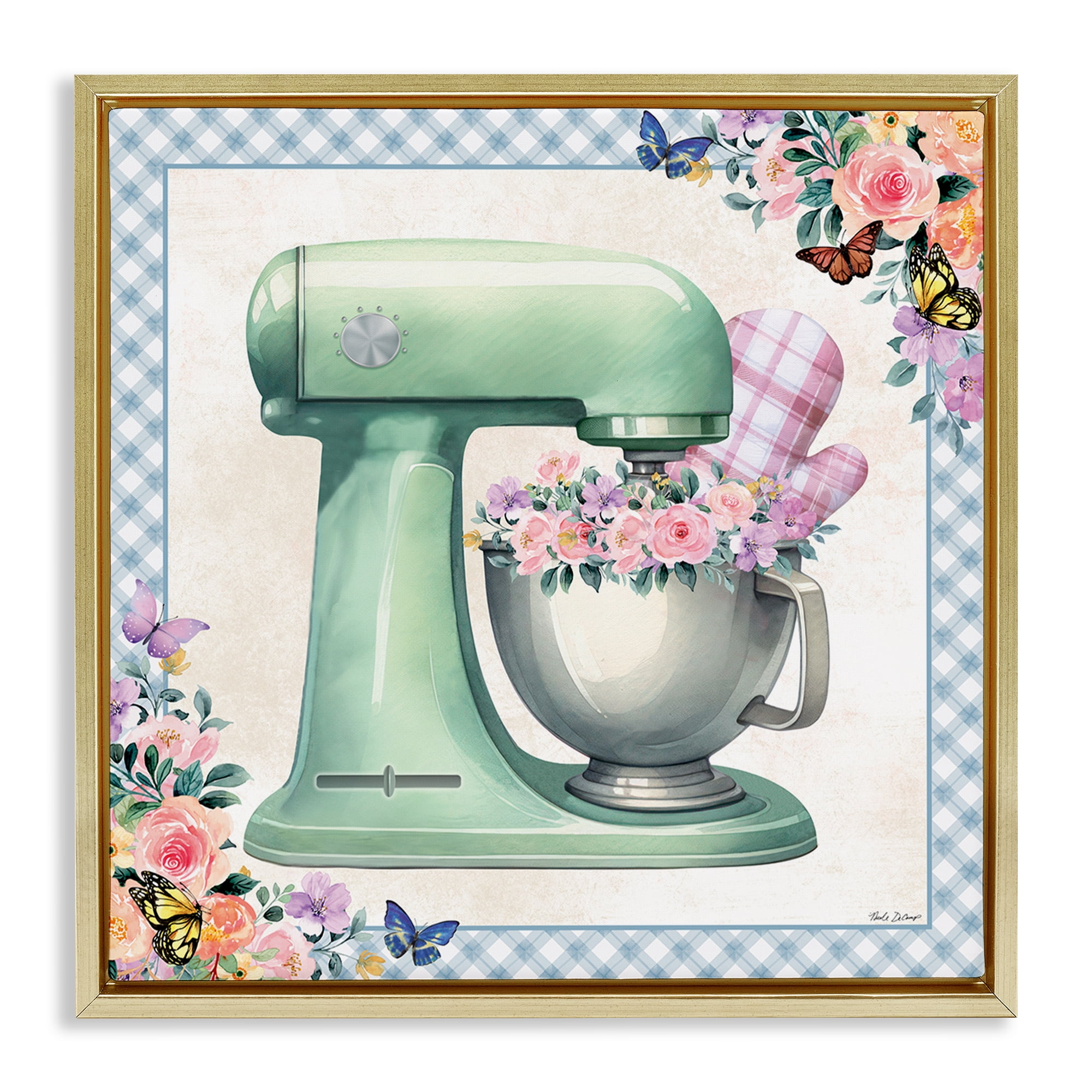 Stupell Industries Kitchen Mixer with Flowers Food & Beverage Painting Gold Floater Framed Canvas Art Print Wall Art, 25 x 25