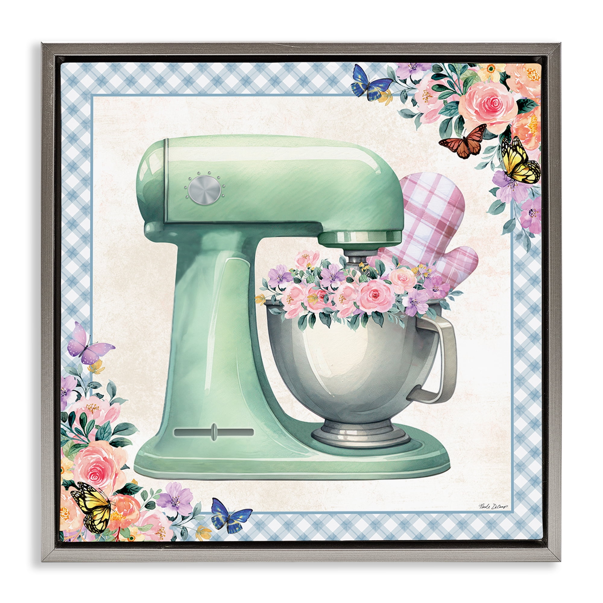 Stupell Industries Kitchen Mixer with Flowers Food & Beverage Painting Gray Floater Framed Canvas Art Print Wall Art, 25 x 25