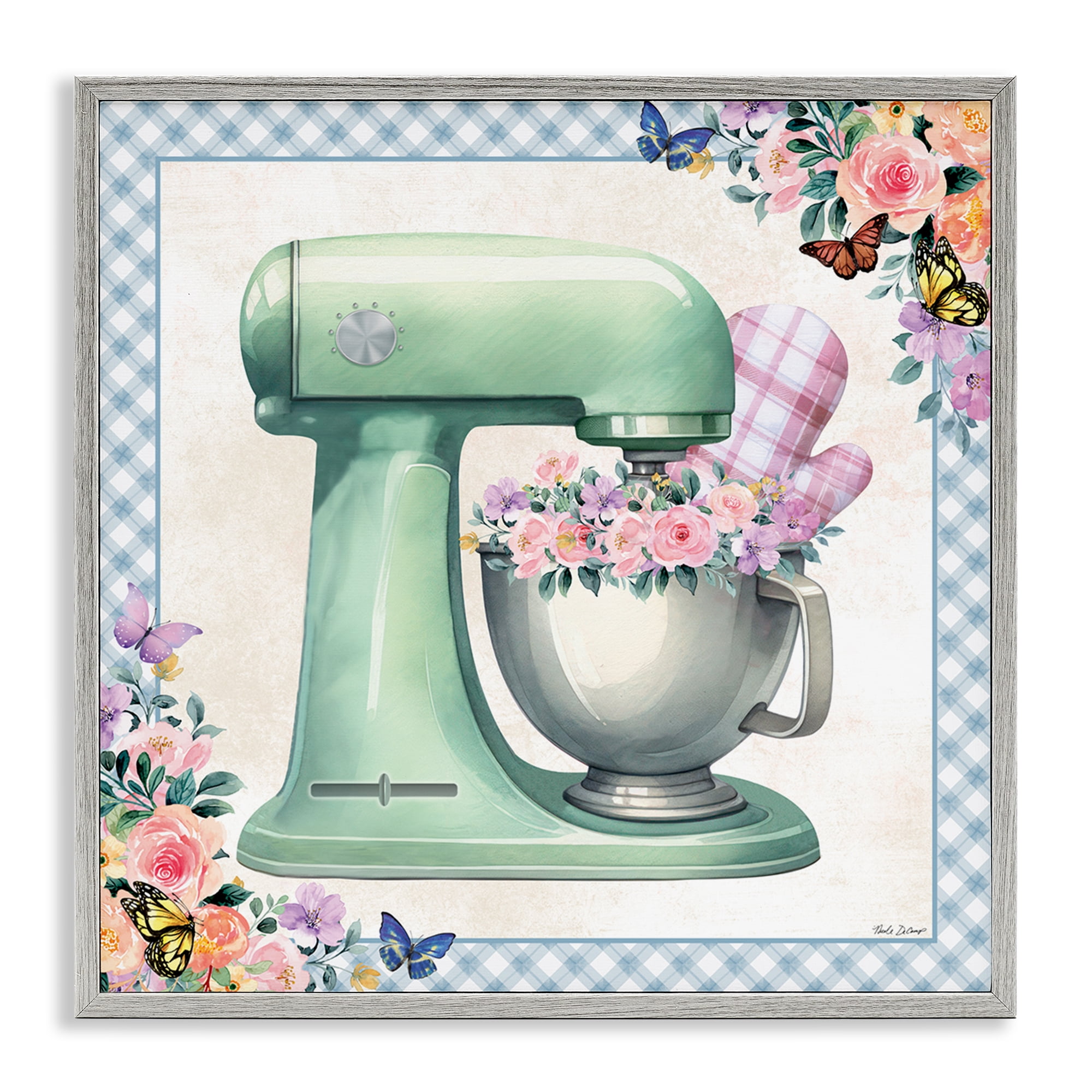 Stupell Industries Kitchen Mixer with Flowers Food & Beverage Painting Gray Framed Art Print Wall Art, 12 x 12