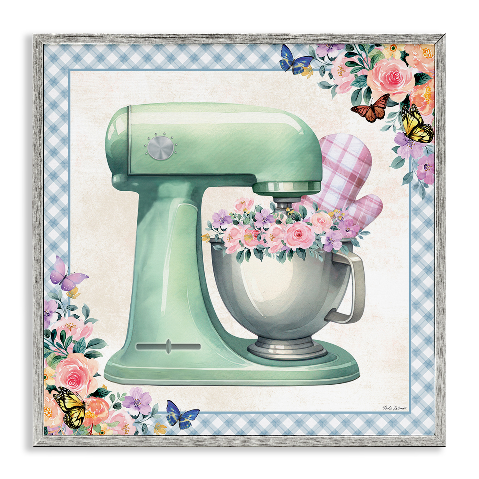 Stupell Industries Kitchen Mixer with Flowers Food & Beverage Painting Gray Framed Art Print Wall Art, 24 x 24