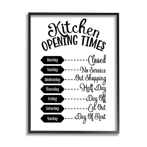 Stupell Industries Kitchen Opening Times Humorous Antique Text Style Graphic Art Black Framed Art Print Wall Art, Design by Lettered and Lined