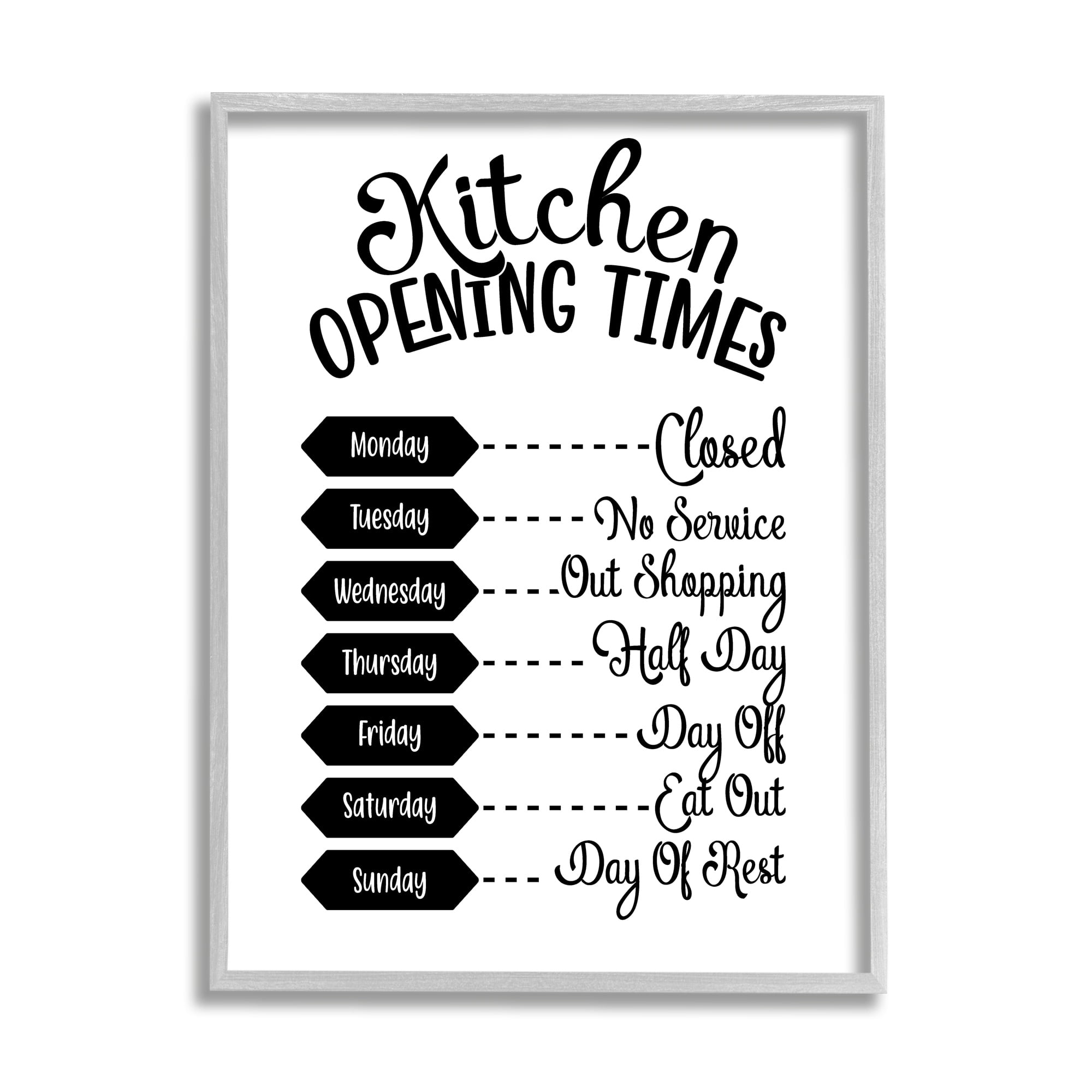 Stupell Industries Kitchen Opening Times Humorous Antique Text Style Graphic Art Gray Framed Art Print Wall Art, Design by Lettered and Lined