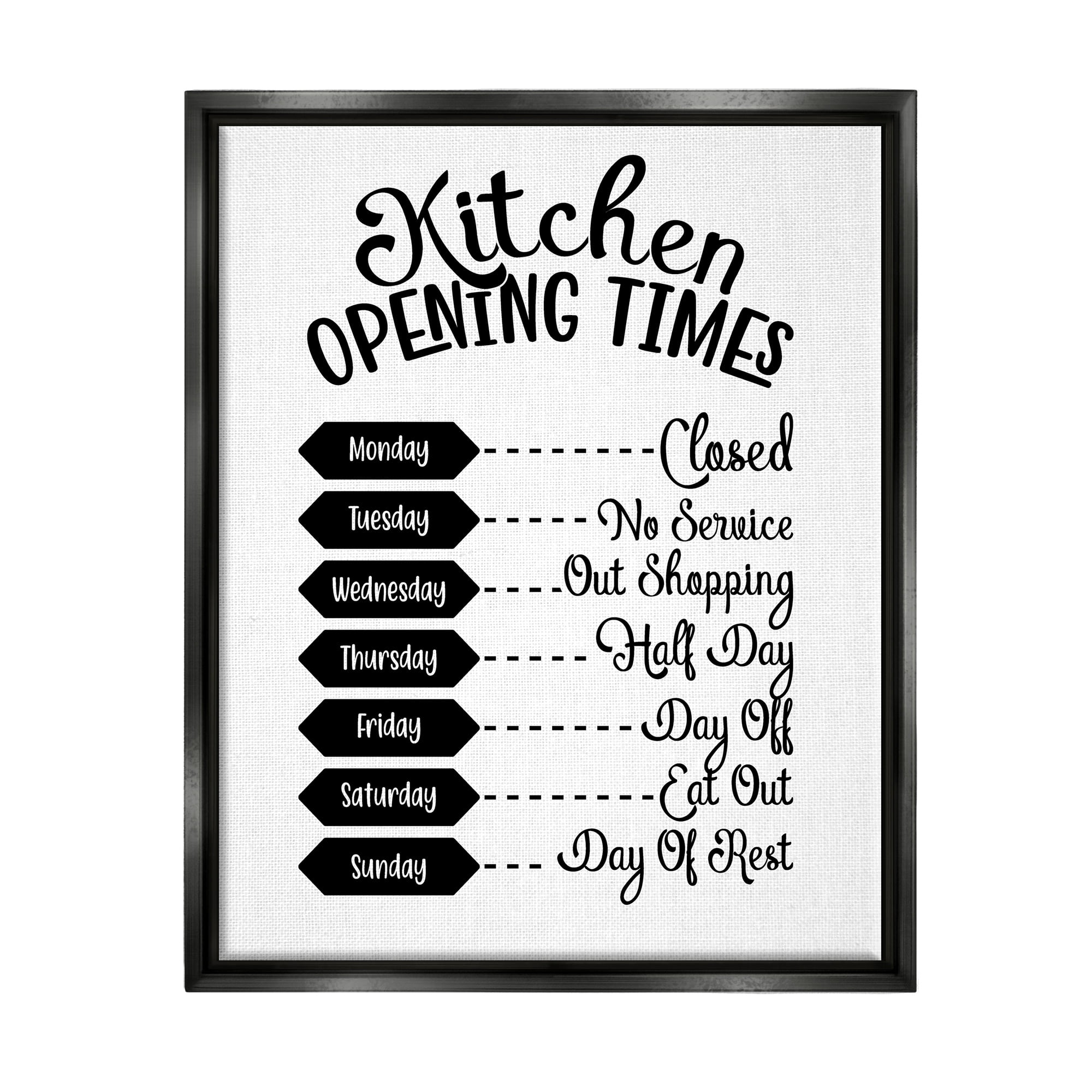 Stupell Industries Kitchen Opening Times Humorous Antique Text Style Graphic Art Jet Black Floating Framed Canvas Print Wall Art, Design by Lettered and Lined