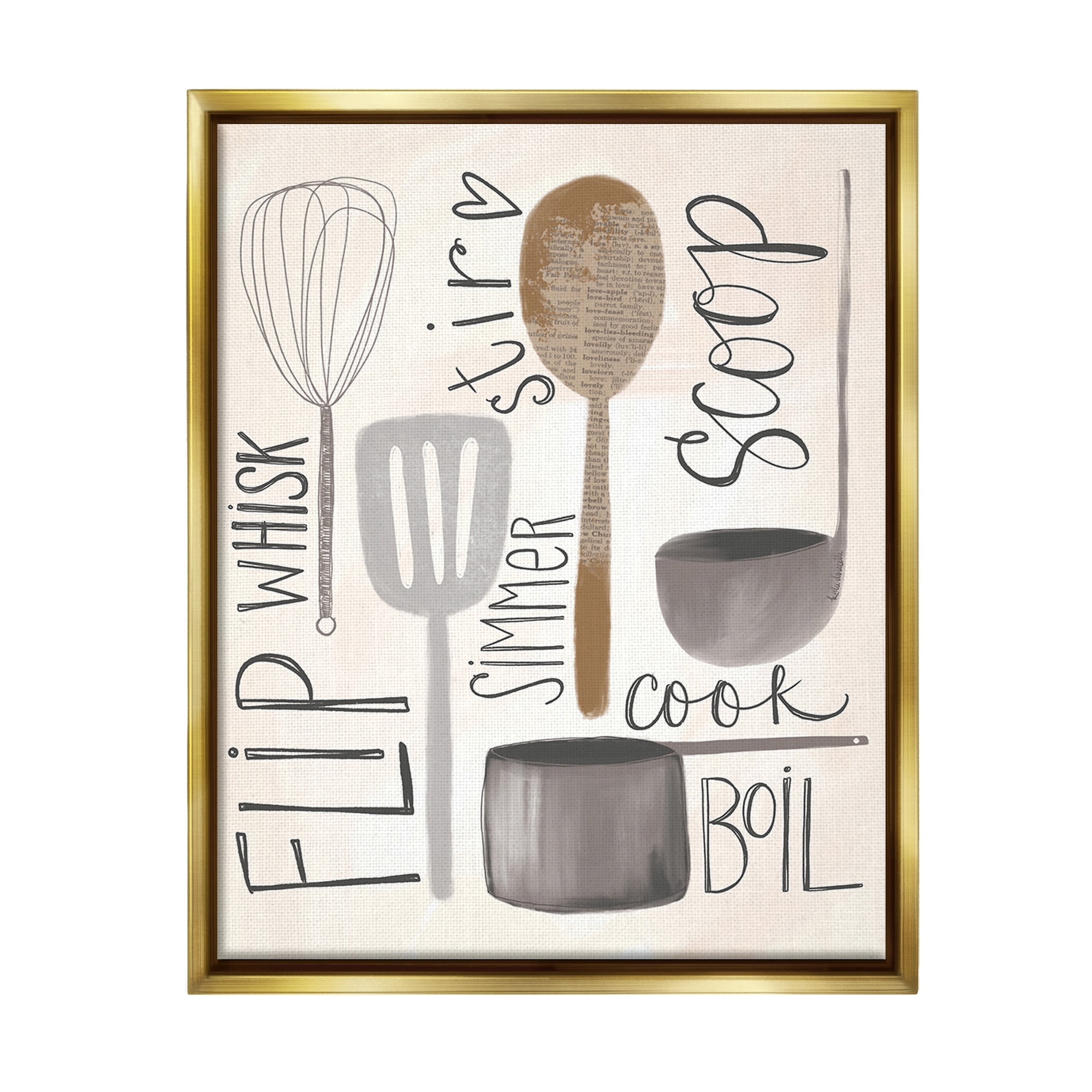 Stupell Industries Kitchen Phrases & Utensils Food & Beverage Painting Gold Floater Framed Canvas Art Print Wall Art, 17 x 21