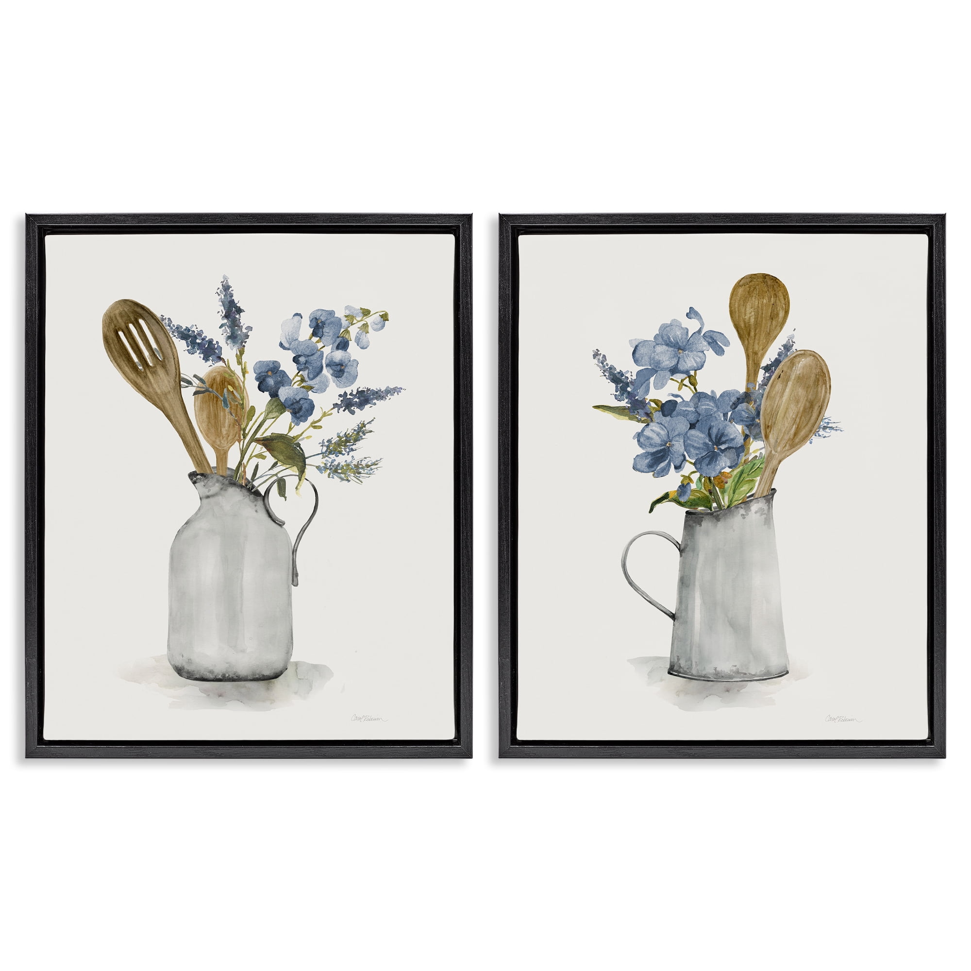 Stupell Industries Kitchen Pitcher Bouquets 2 Piece Black Framed Floater Canvas Set, design by Carol Robinson
