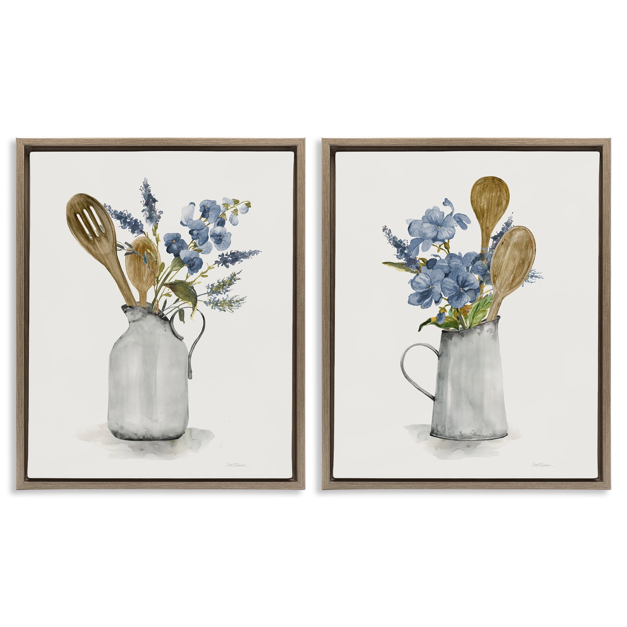 Stupell Industries Kitchen Pitcher Bouquets 2 Piece Brown Framed Floater Canvas Set, design by Carol Robinson