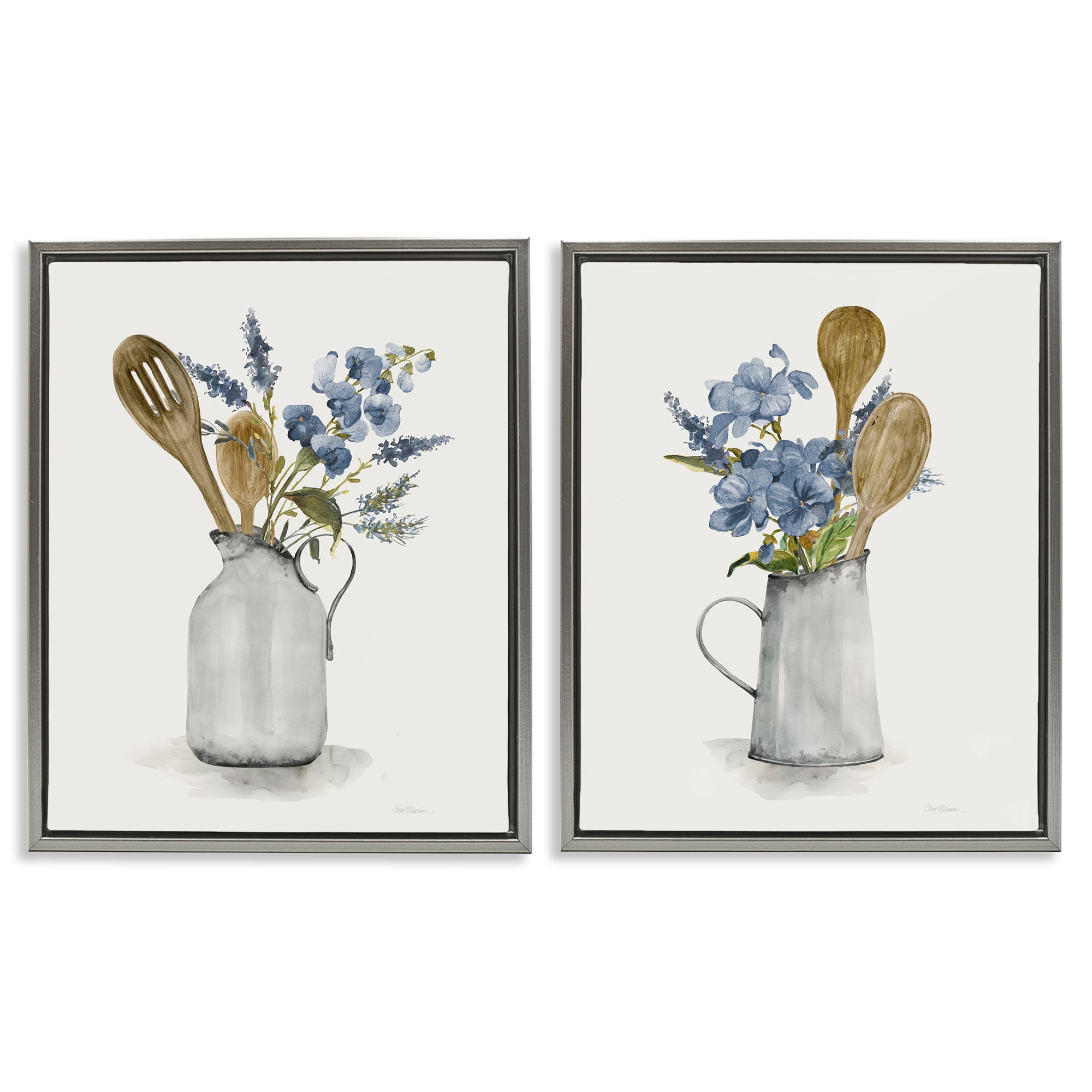 Stupell Industries Kitchen Pitcher Bouquets 2 Piece Gray Framed Floater Canvas Set, design by Carol Robinson