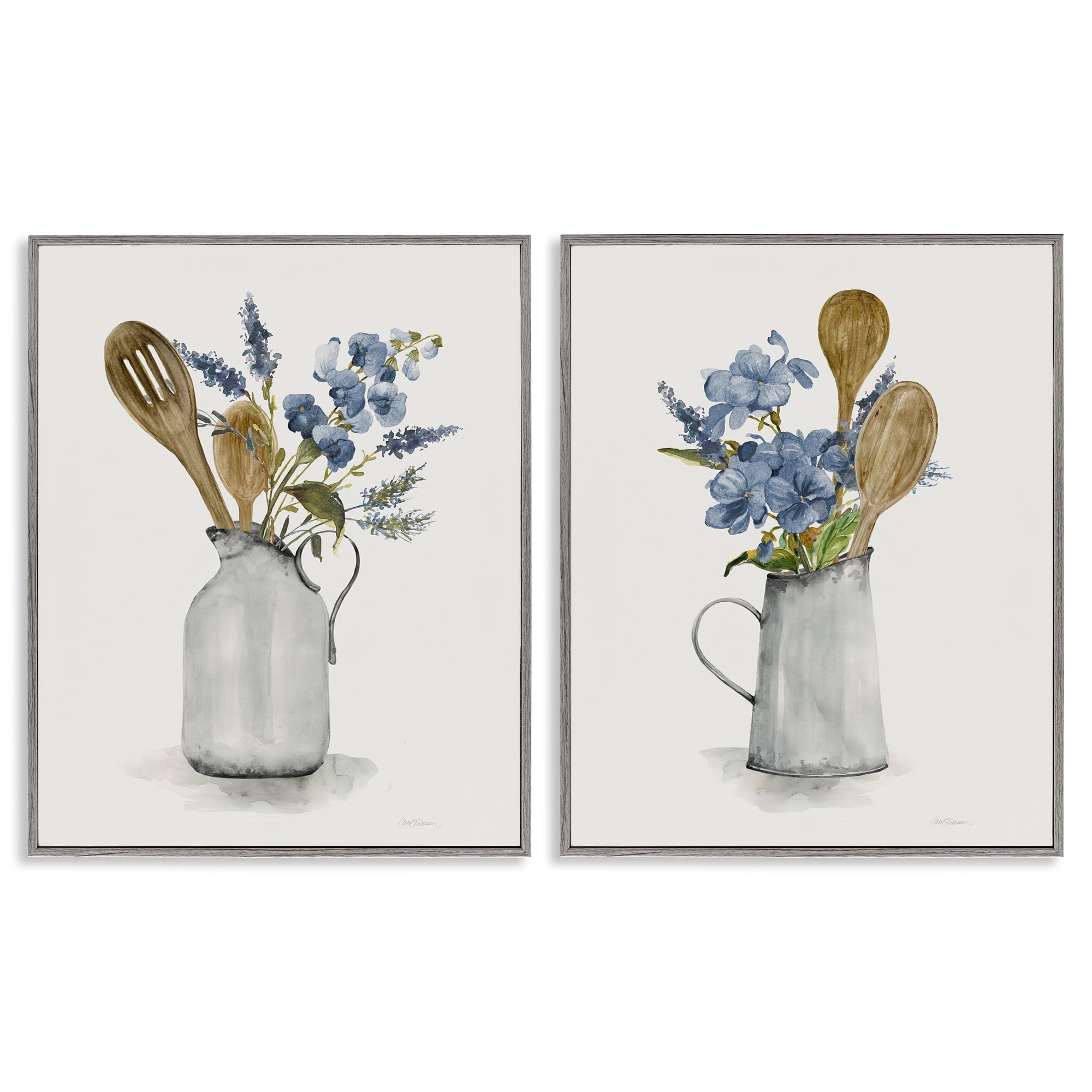 Stupell Industries Kitchen Pitcher Bouquets 2 Piece Gray Framed Giclee Art Set, design by Carol Robinson