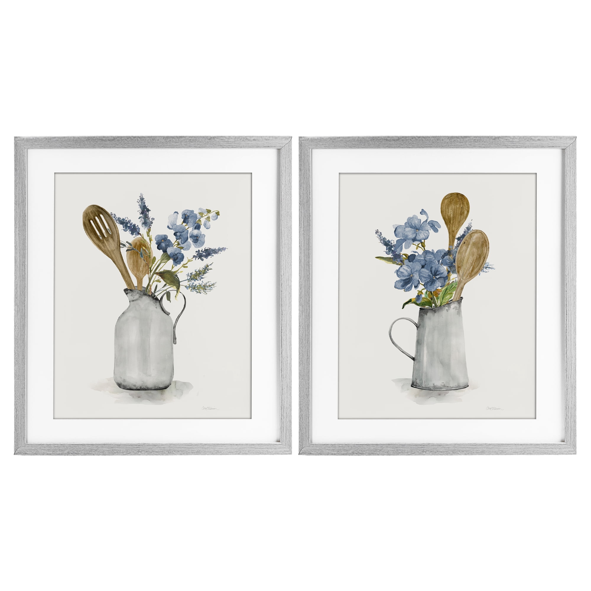 Stupell Industries Kitchen Pitcher Bouquets 2 Piece Gray Framed Print Under Glass Set, design by Carol Robinson