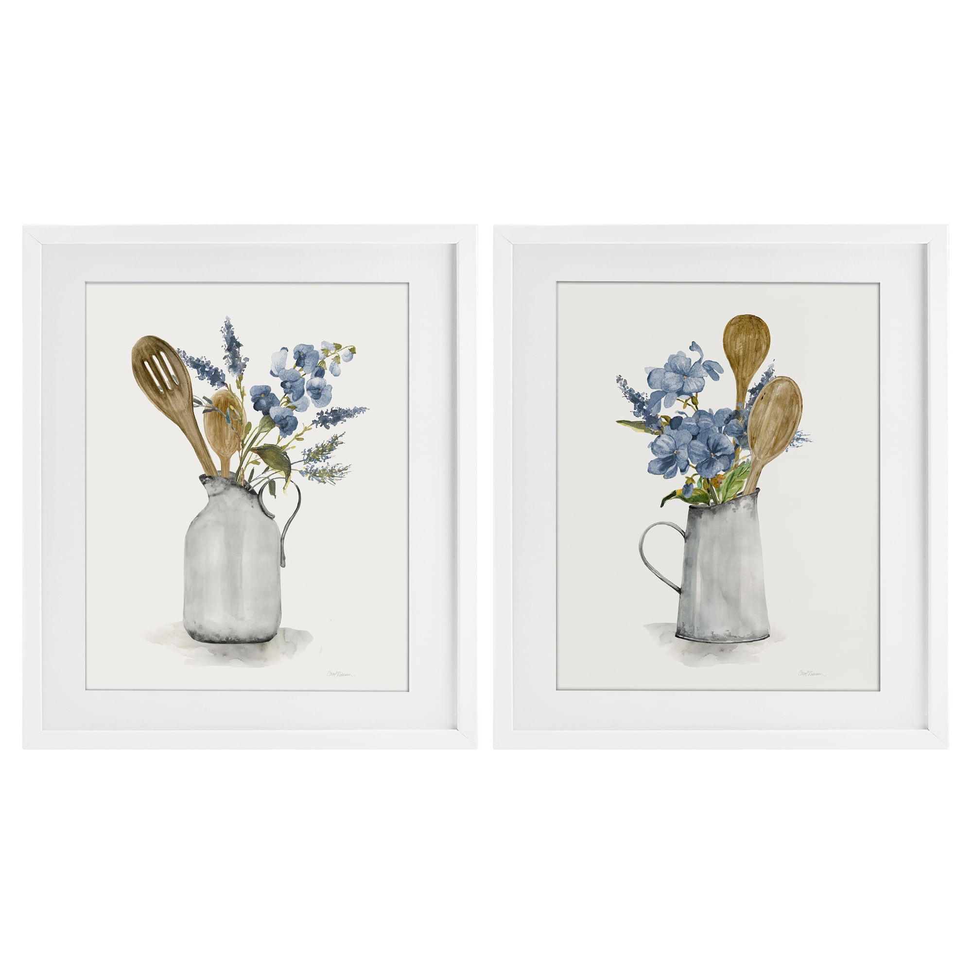 Stupell Industries Kitchen Pitcher Bouquets 2 Piece White Framed Print Under Glass Set, design by Carol Robinson