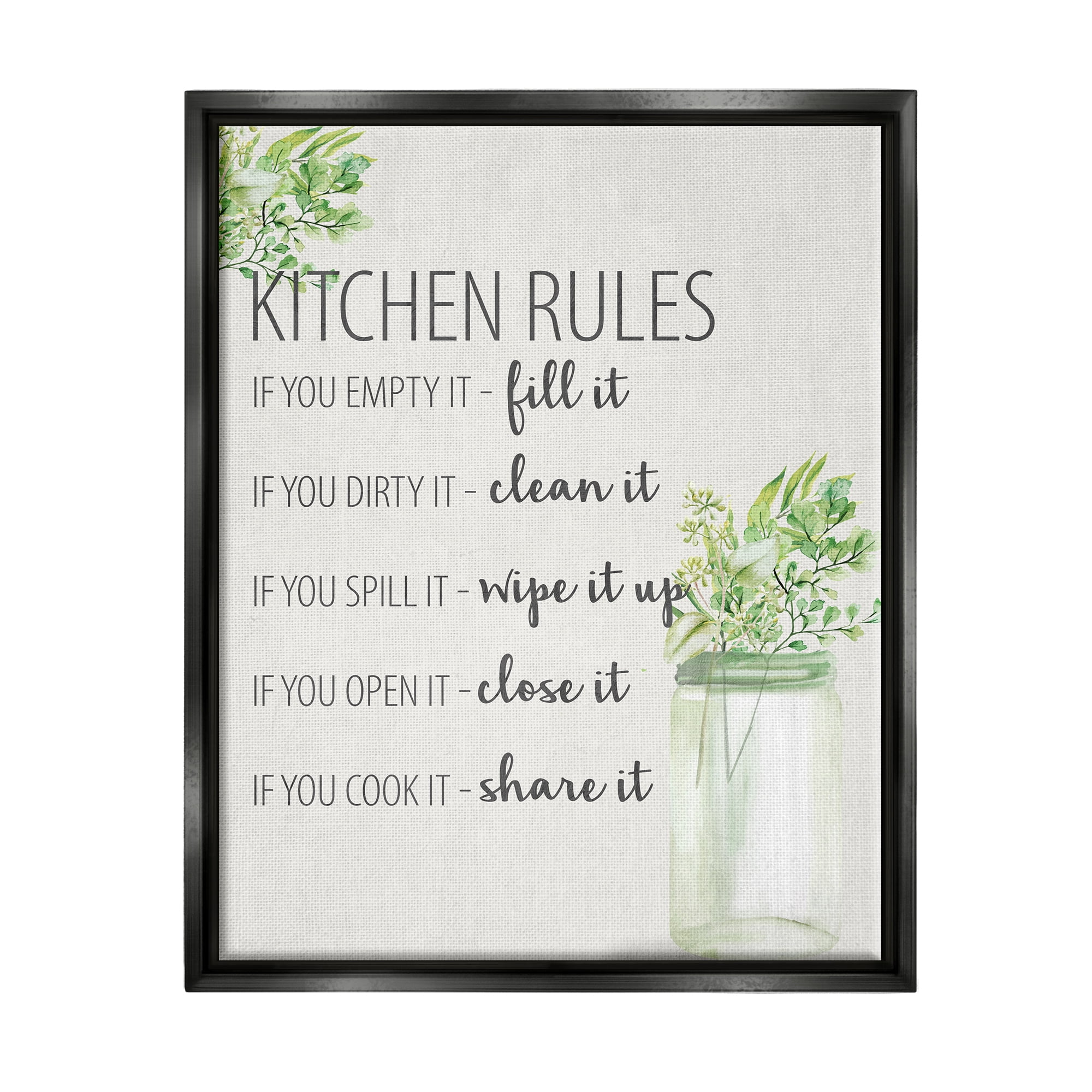 Stupell Industries Kitchen Rules Share It Food & Beverage Painting Black Floater Framed Art Print Wall Art, 17 x 21