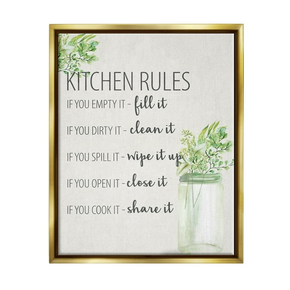 Stupell Industries Kitchen Rules Share It Food & Beverage Painting Gold Floater Framed Art Print Wall Art, 17 x 21
