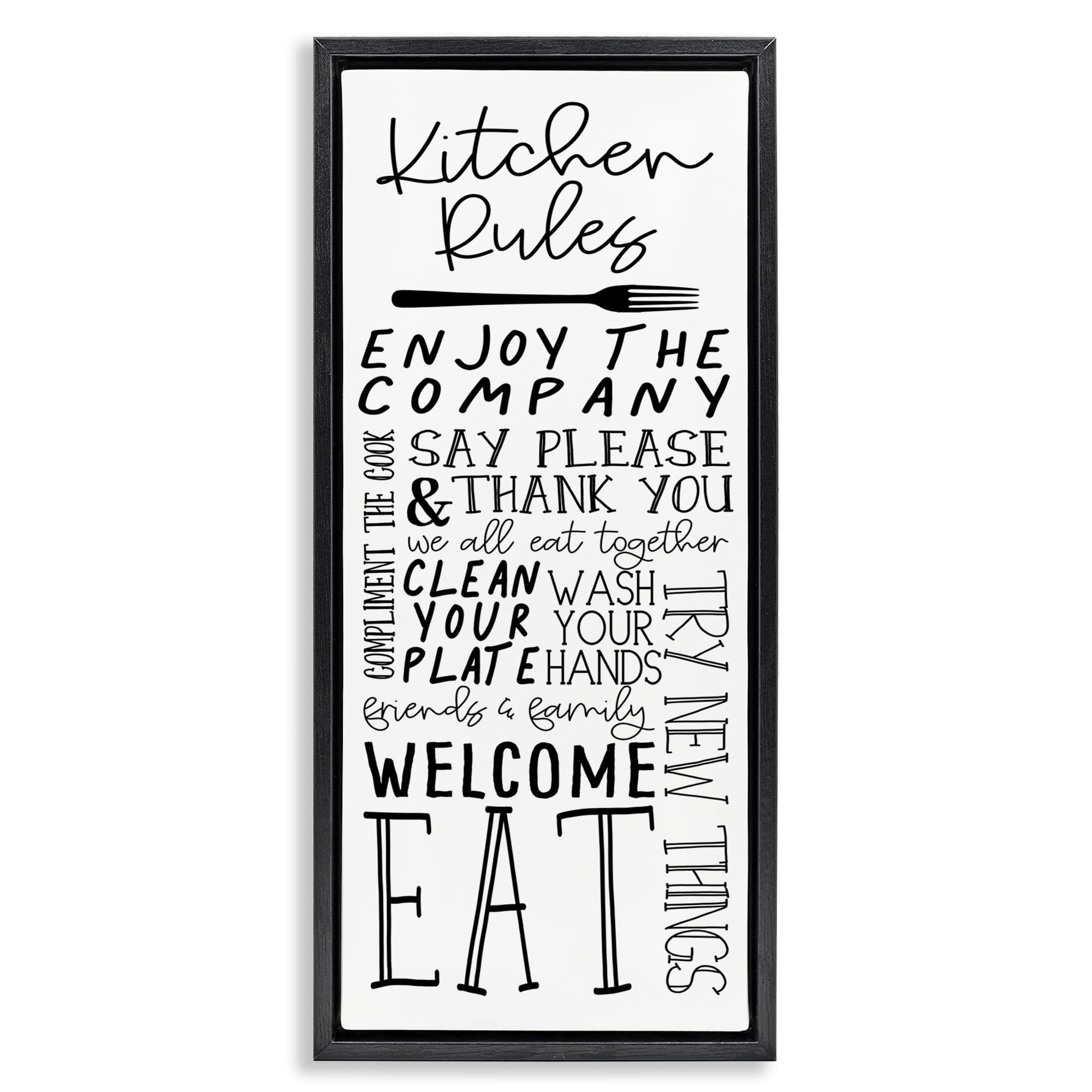 Stupell Industries Kitchen Rules Typography Food & Beverage Painting Black Floater Framed Canvas Art Print Wall Art, 14 x 31