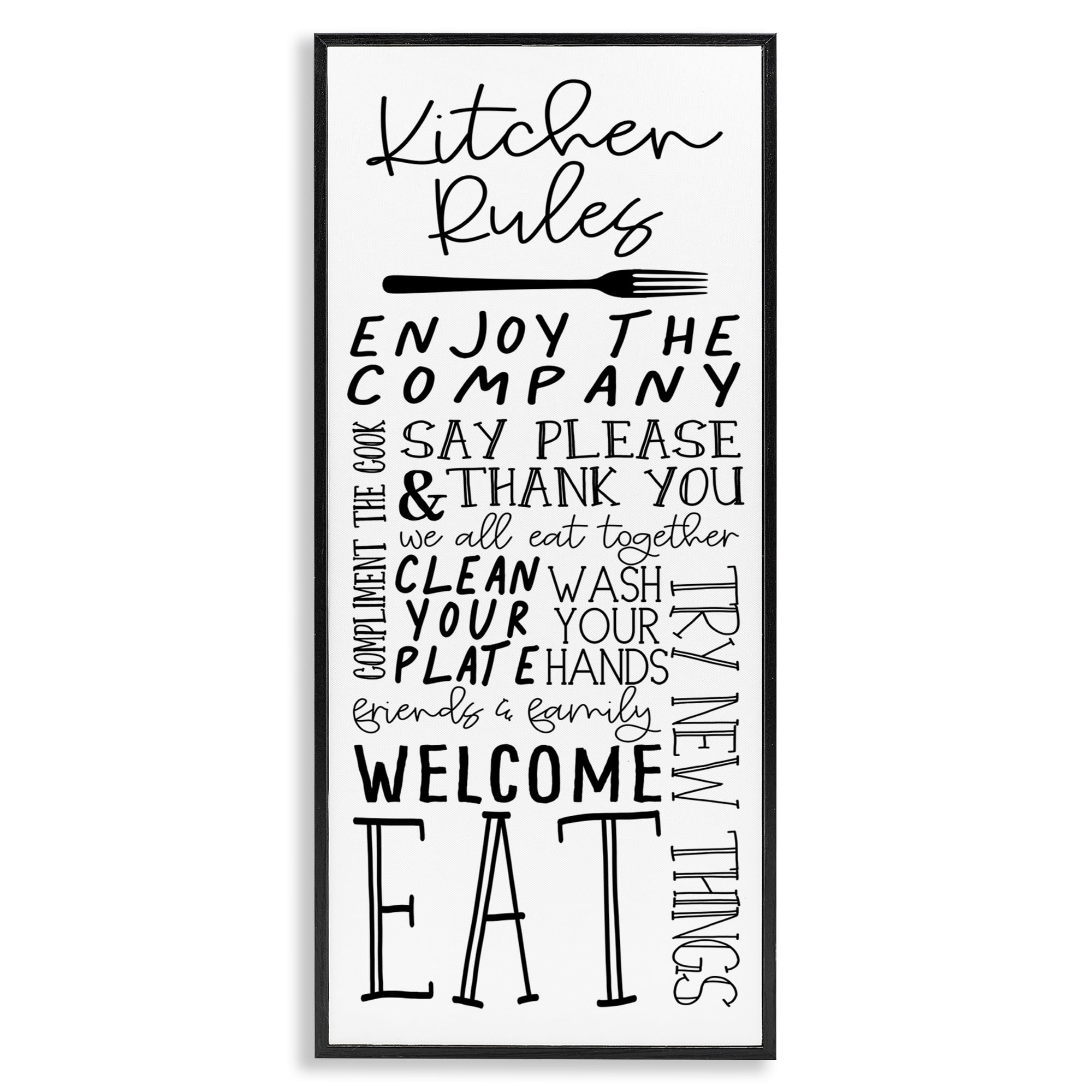 Stupell Industries Kitchen Rules Typography Food & Beverage Painting Black Framed Art Print Wall Art, 13 x 30