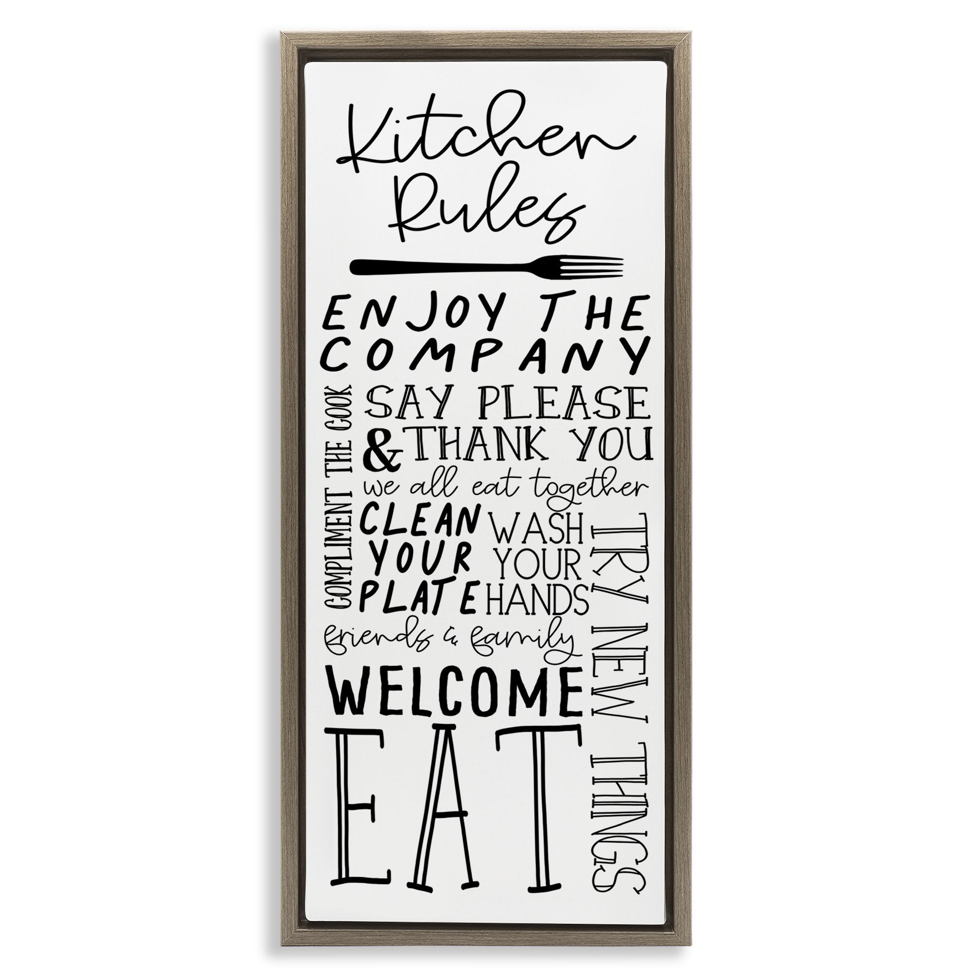 Stupell Industries Kitchen Rules Typography Food & Beverage Painting Brown Floater Framed Canvas Art Print Wall Art, 11 x 25