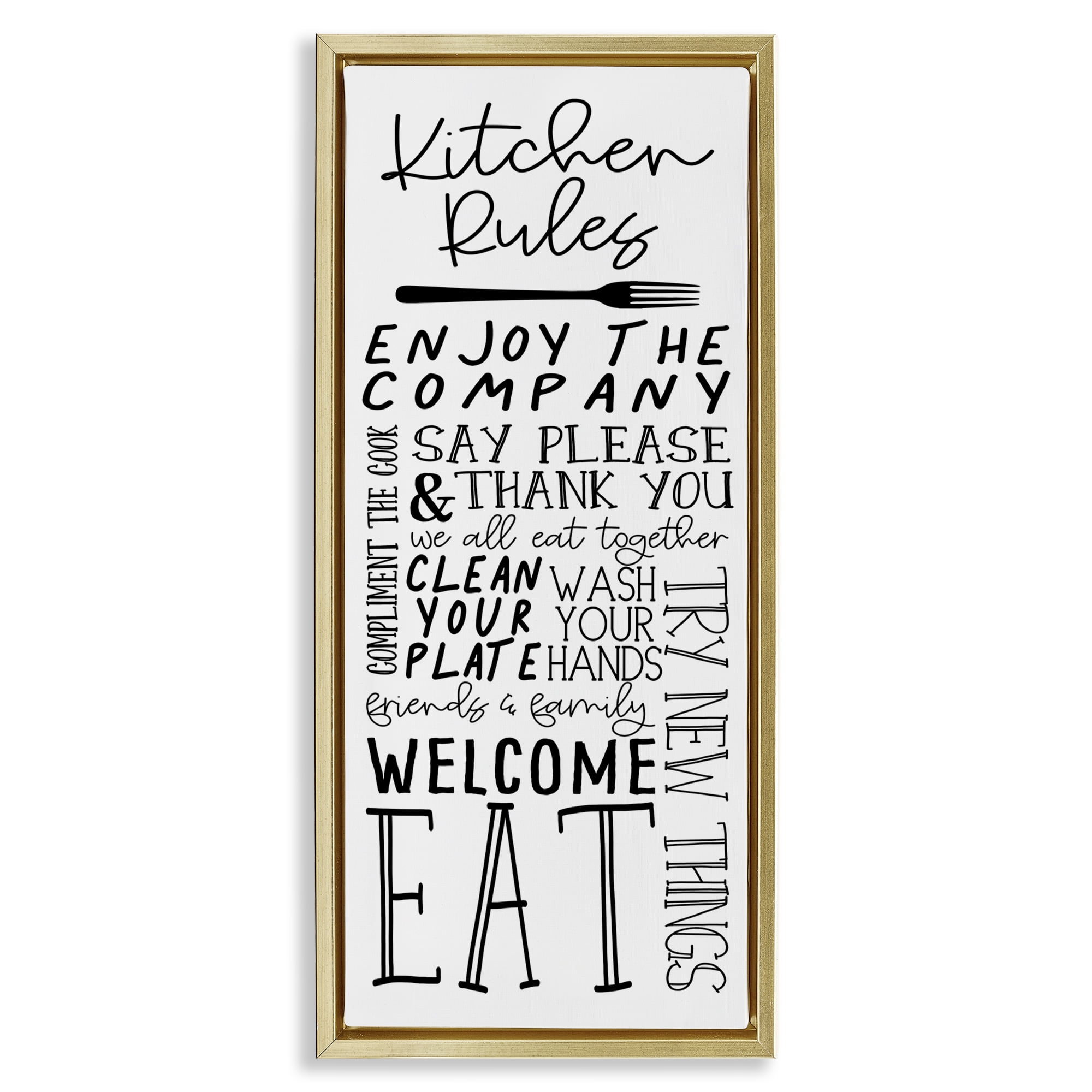 Stupell Industries Kitchen Rules Typography Food & Beverage Painting Gold Floater Framed Canvas Art Print Wall Art, 14 x 31