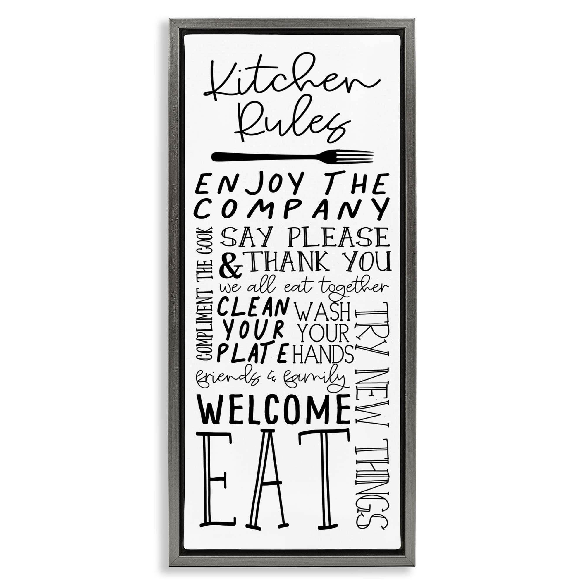 Stupell Industries Kitchen Rules Typography Food & Beverage Painting Gray Floater Framed Canvas Art Print Wall Art, 14 x 31