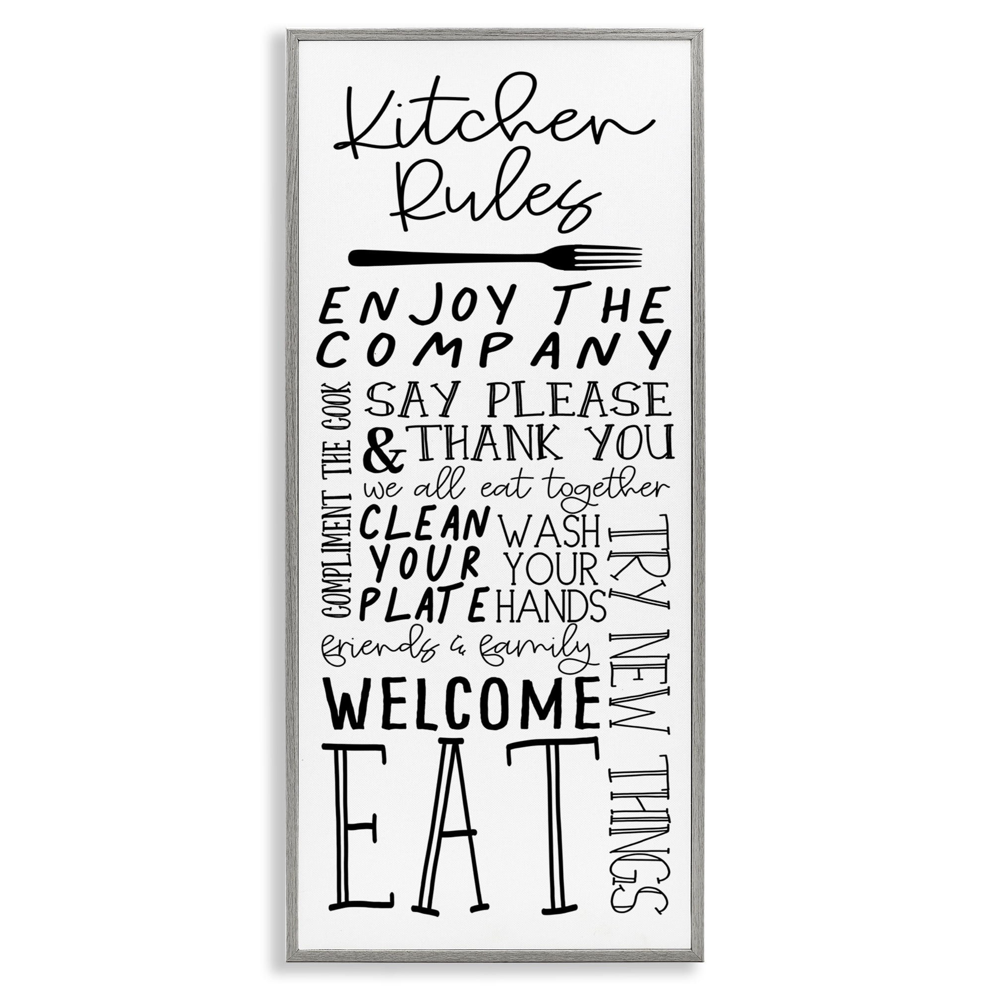 Stupell Industries Kitchen Rules Typography Food & Beverage Painting Gray Framed Art Print Wall Art, 10 x 24