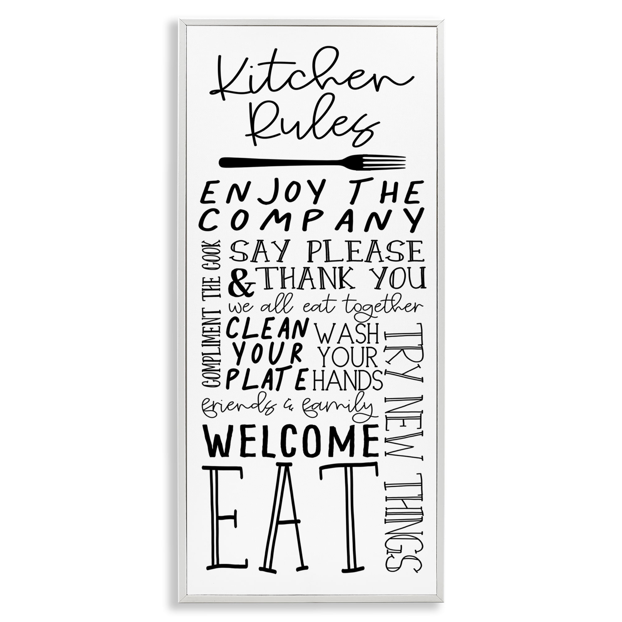 Stupell Industries Kitchen Rules Typography Food & Beverage Painting White Framed Art Print Wall Art, 10 x 24
