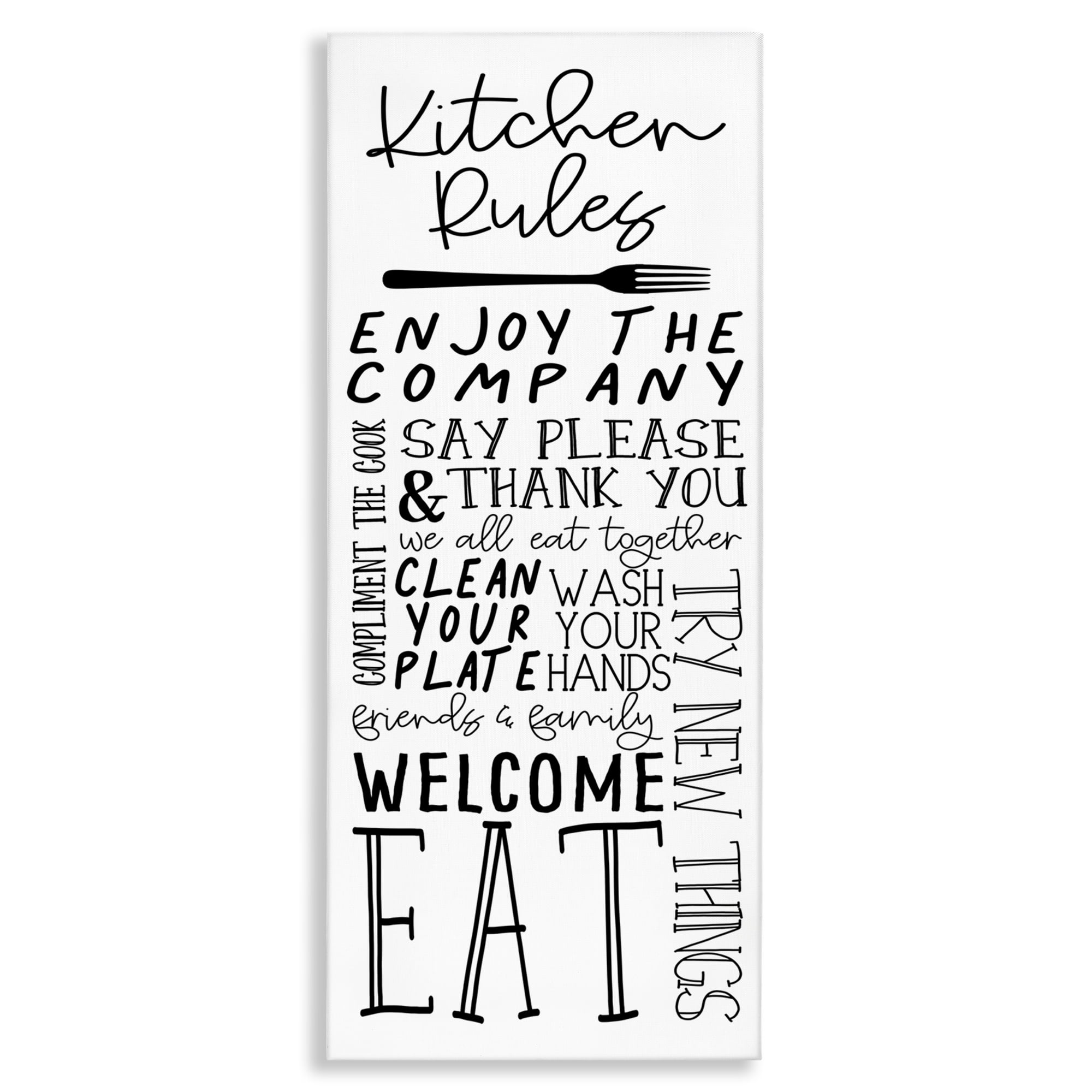 Stupell Industries Kitchen Rules Typography Food & Beverage Painting Wrapped Canvas Art Print Wall Art, 13 x 30