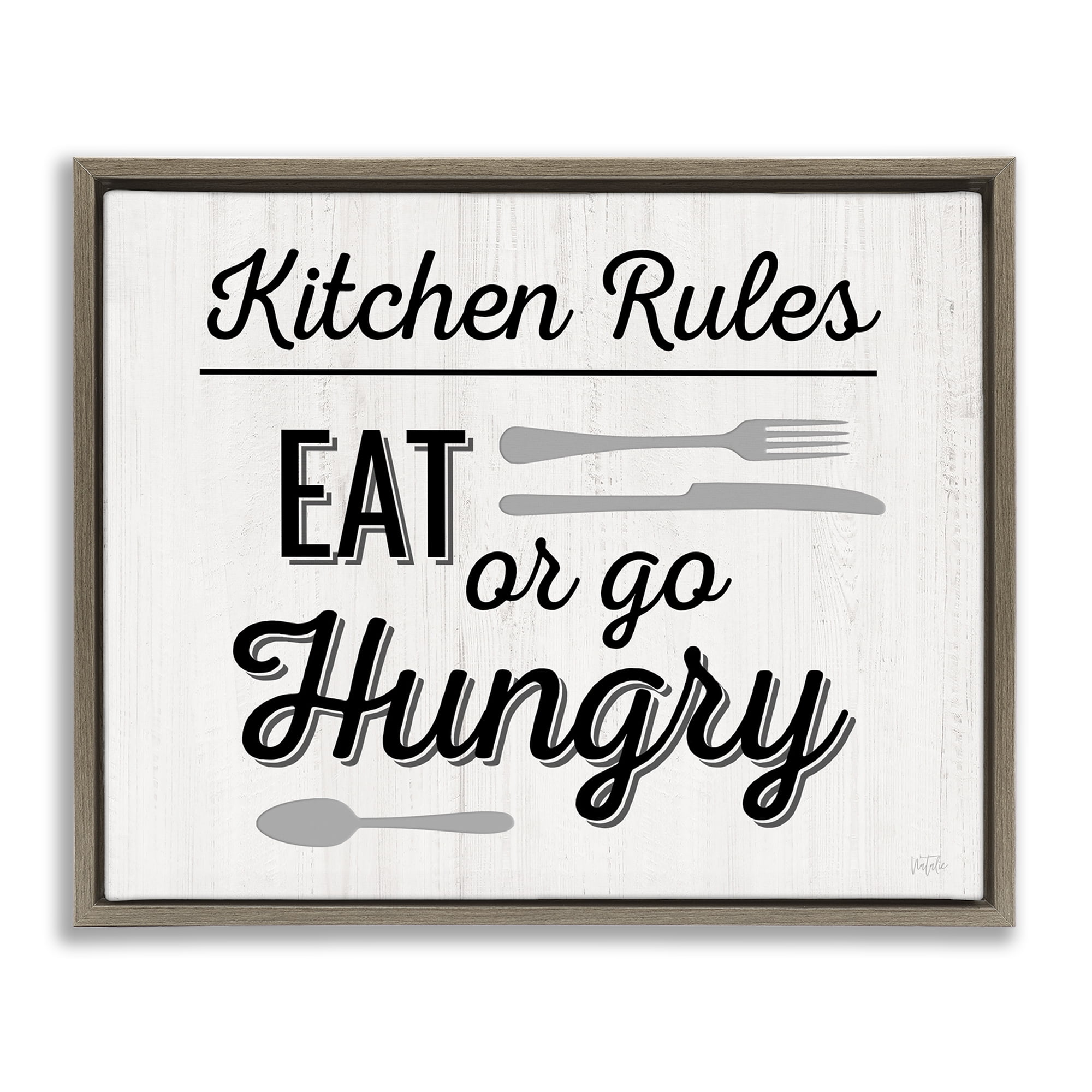 Stupell Industries Kitchen Rules or Go Hungry Food & Beverage Painting Brown Floater Framed Canvas Art Print Wall Art, 21 x 17