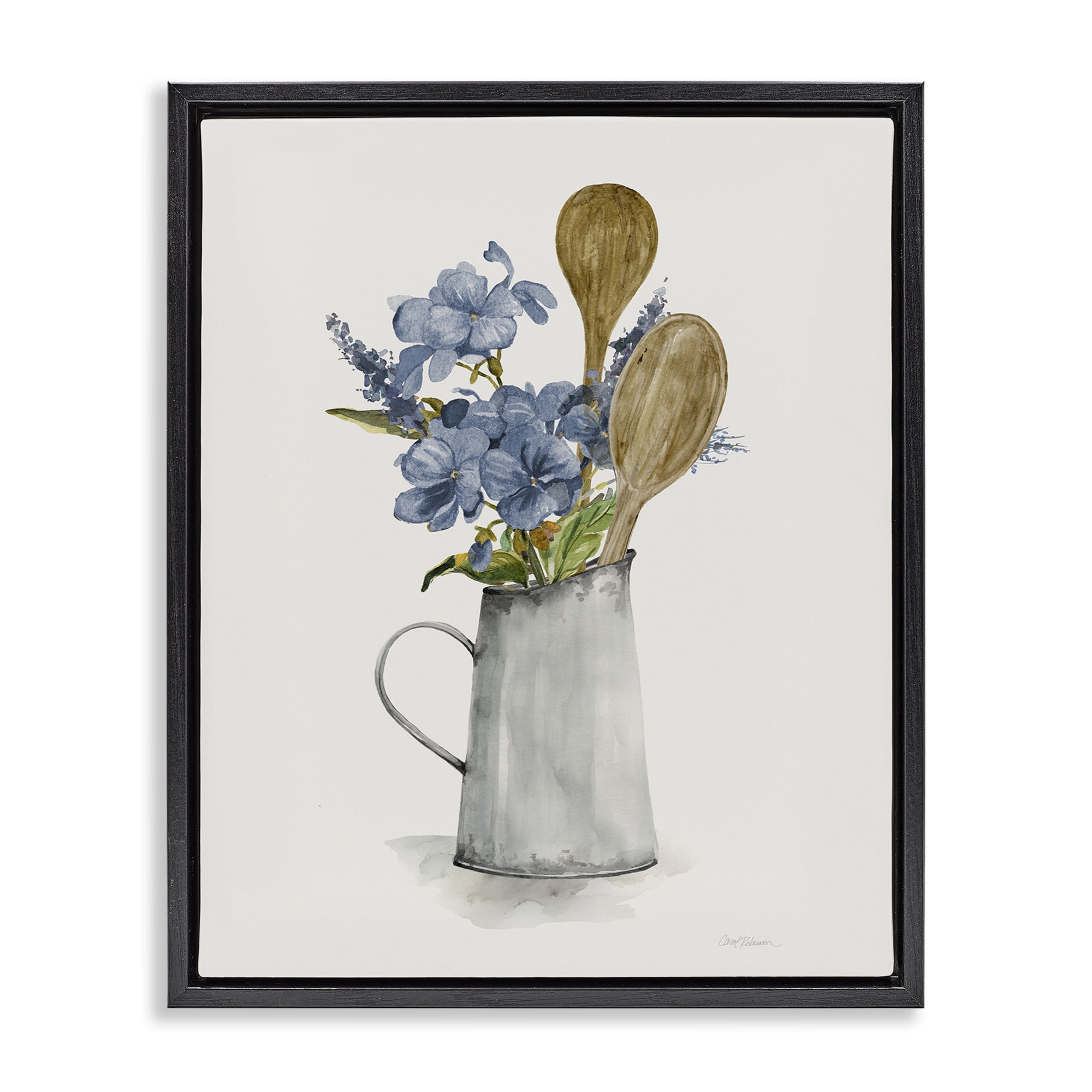 Stupell Industries Kitchen Spoons & Blue Blooms Black Framed Floater Canvas Wall Art, design by Carol Robinson