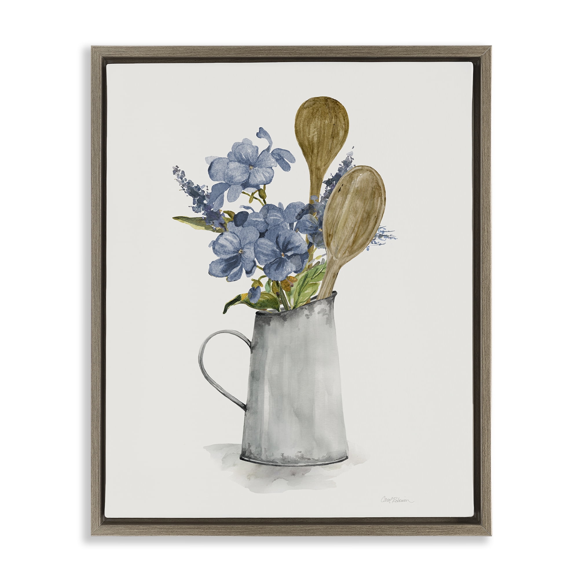 Stupell Industries Kitchen Spoons & Blue Blooms Brown Framed Floater Canvas Wall Art, design by Carol Robinson