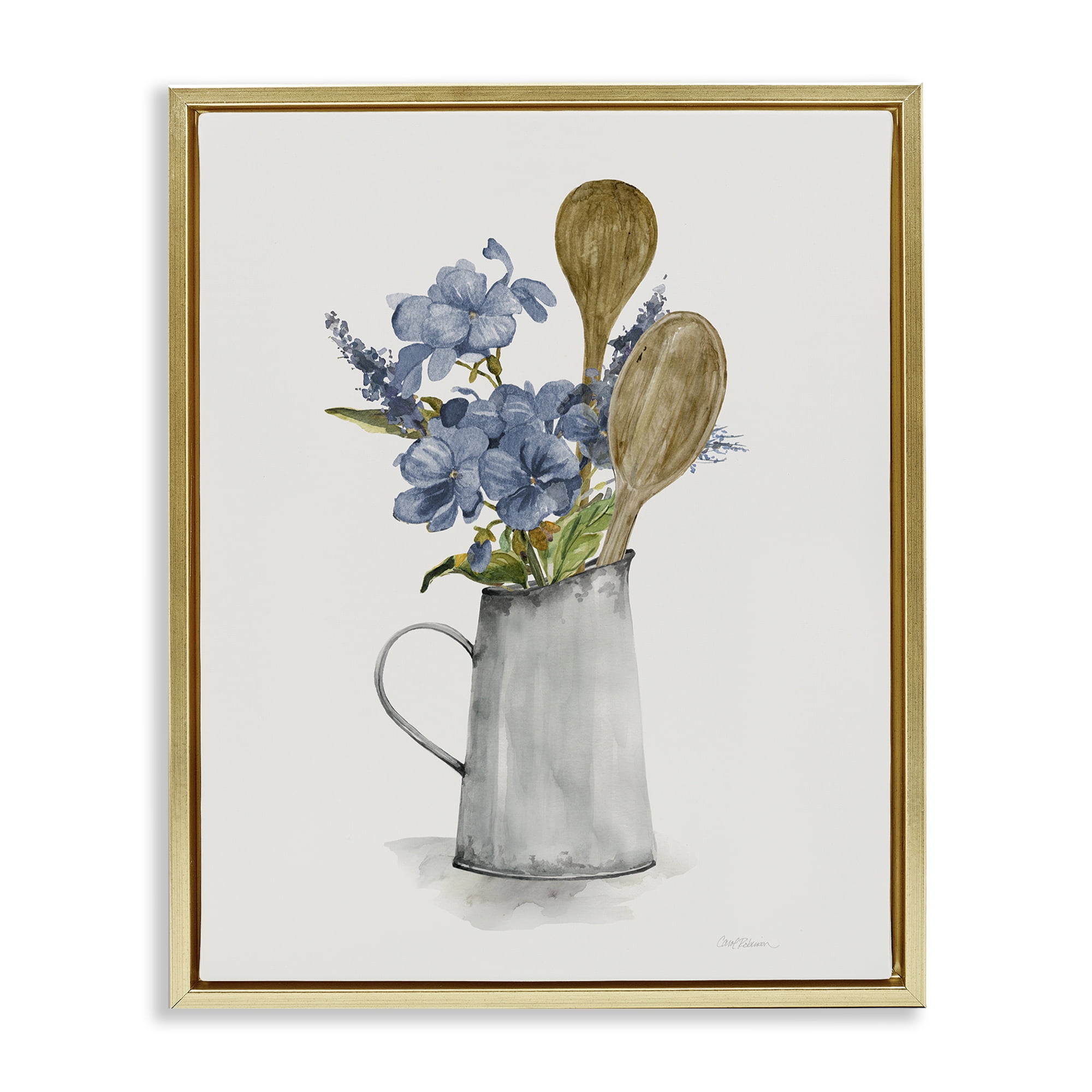 Stupell Industries Kitchen Spoons & Blue Blooms Gold Framed Floater Canvas Wall Art, design by Carol Robinson
