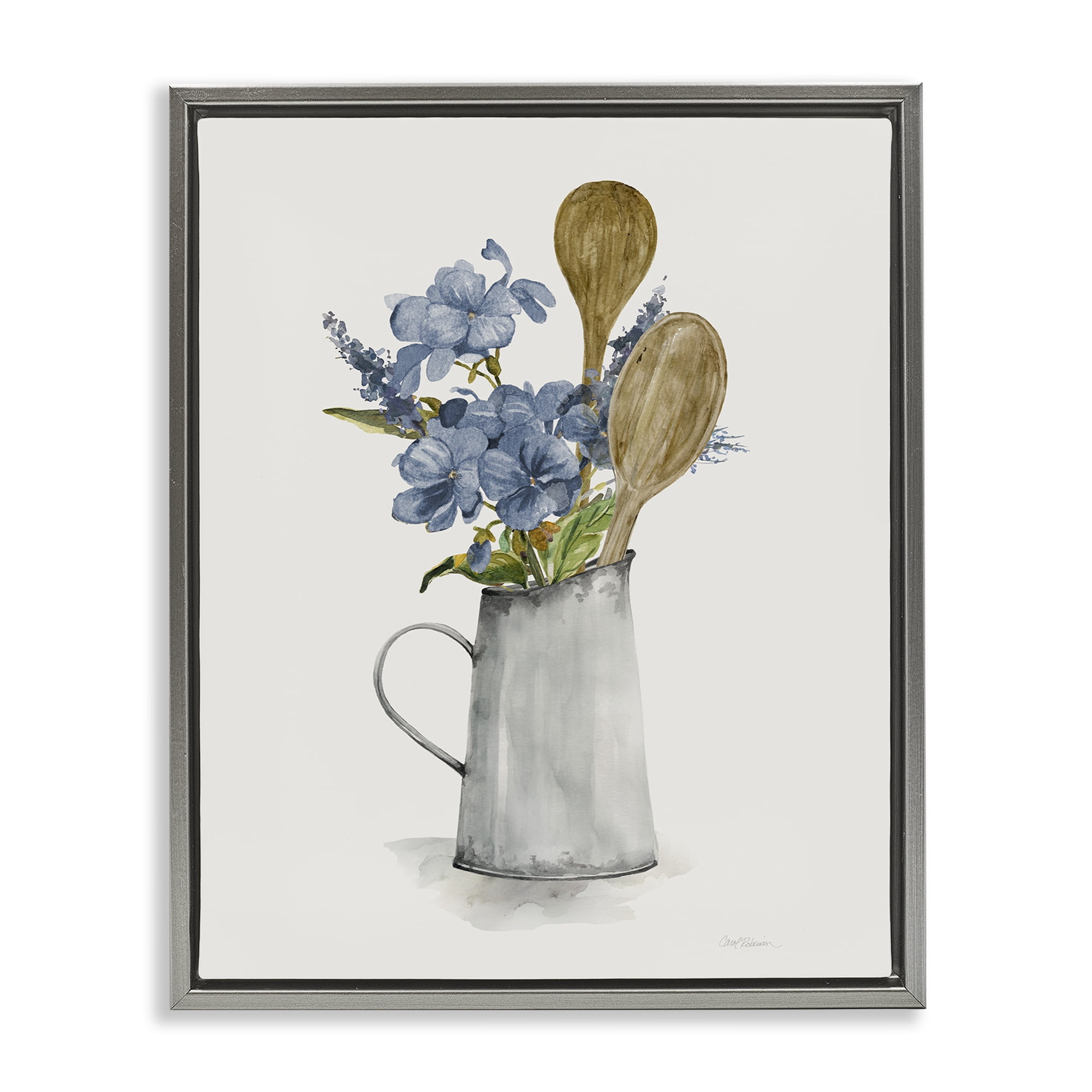 Stupell Industries Kitchen Spoons & Blue Blooms Gray Framed Floater Canvas Wall Art, design by Carol Robinson
