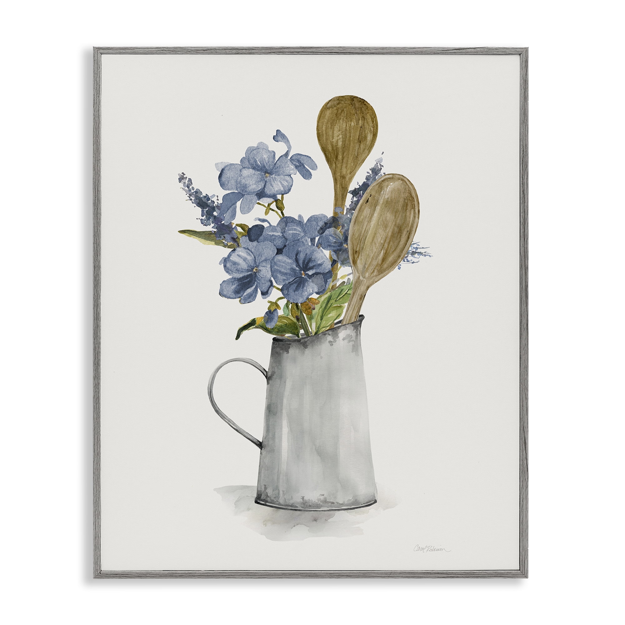 Stupell Industries Kitchen Spoons & Blue Blooms Gray Framed Giclee Art, design by Carol Robinson
