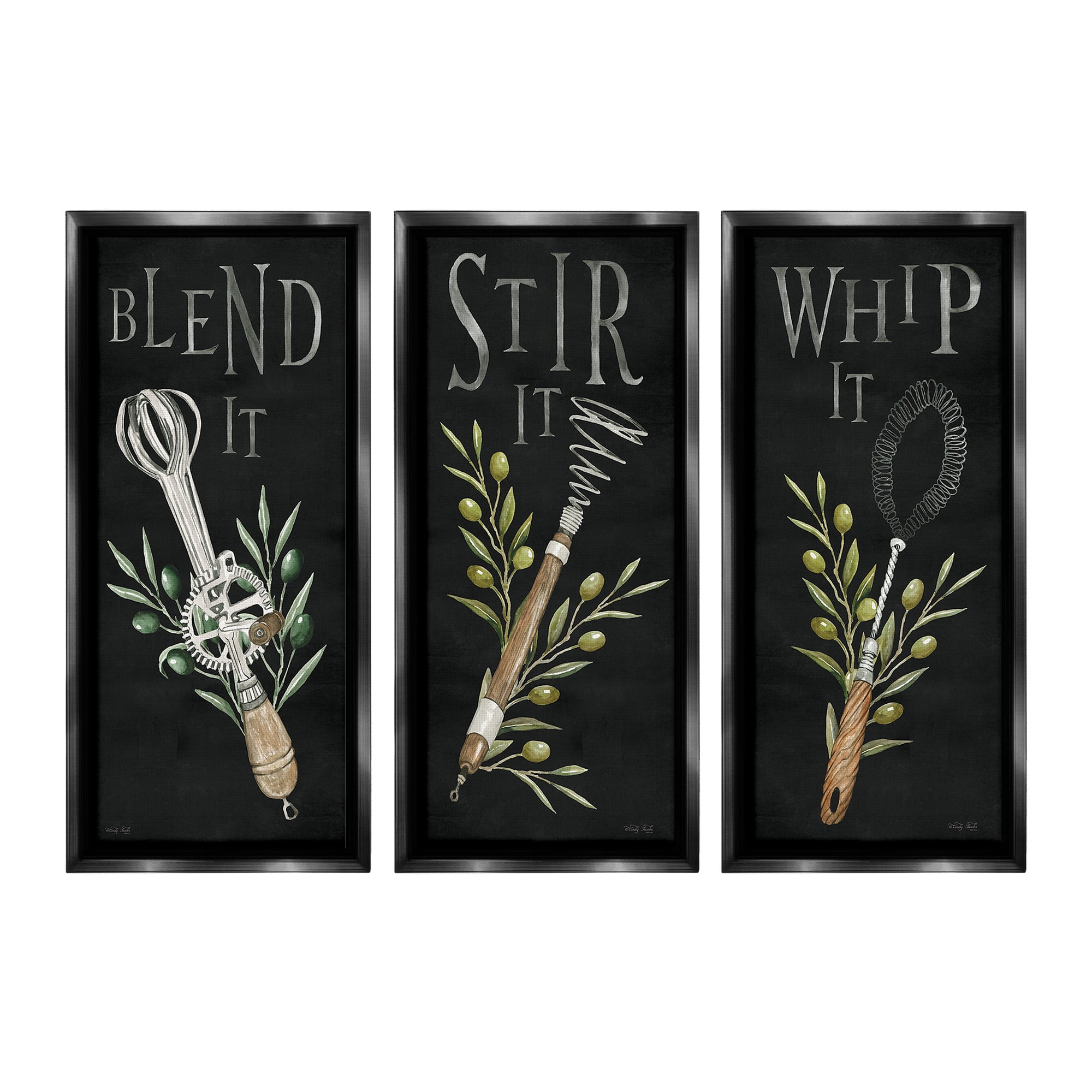 Stupell Industries Kitchen Utensils & Phrases Botanical & Floral Painting Black Floater Framed Canvas Art Print Wall Art, 14 x 31, Set of 3
