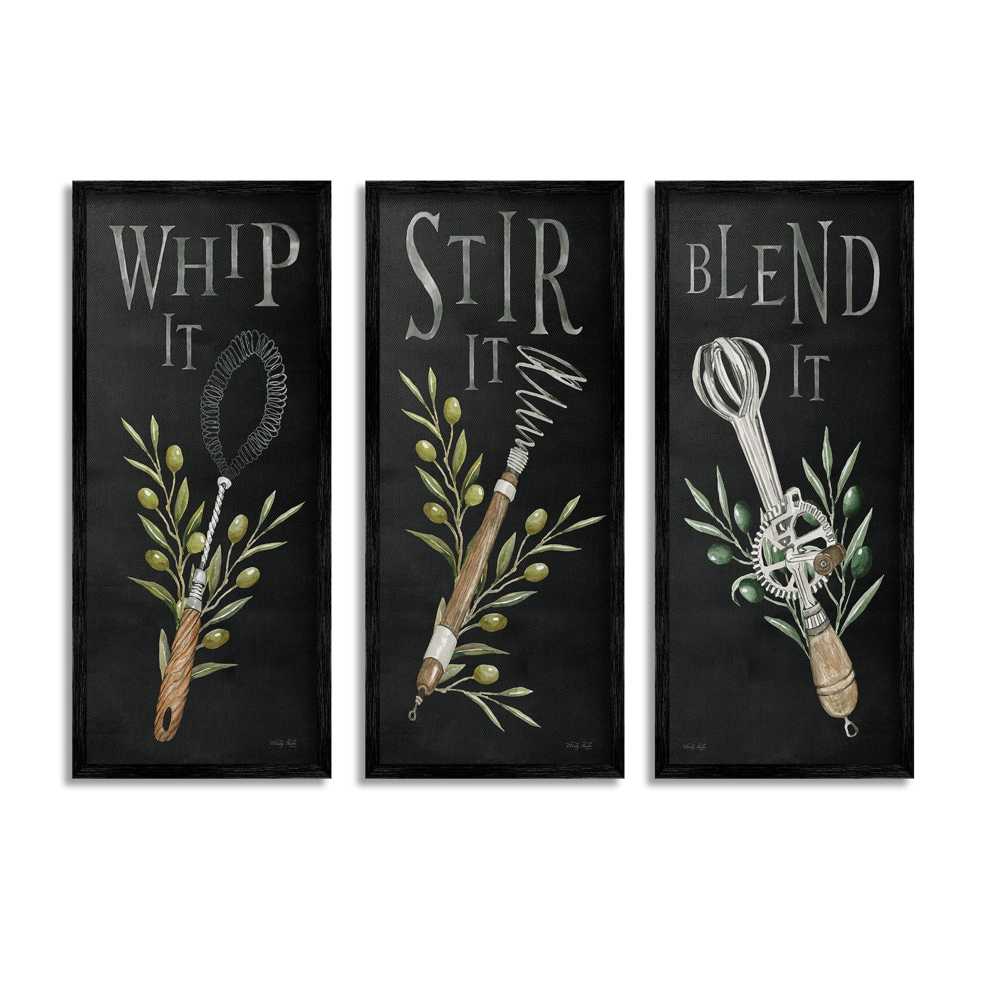 Stupell Industries Kitchen Utensils & Phrases Botanical & Floral Painting Black Framed Art Print Wall Art, 10 x 24, Set of 3