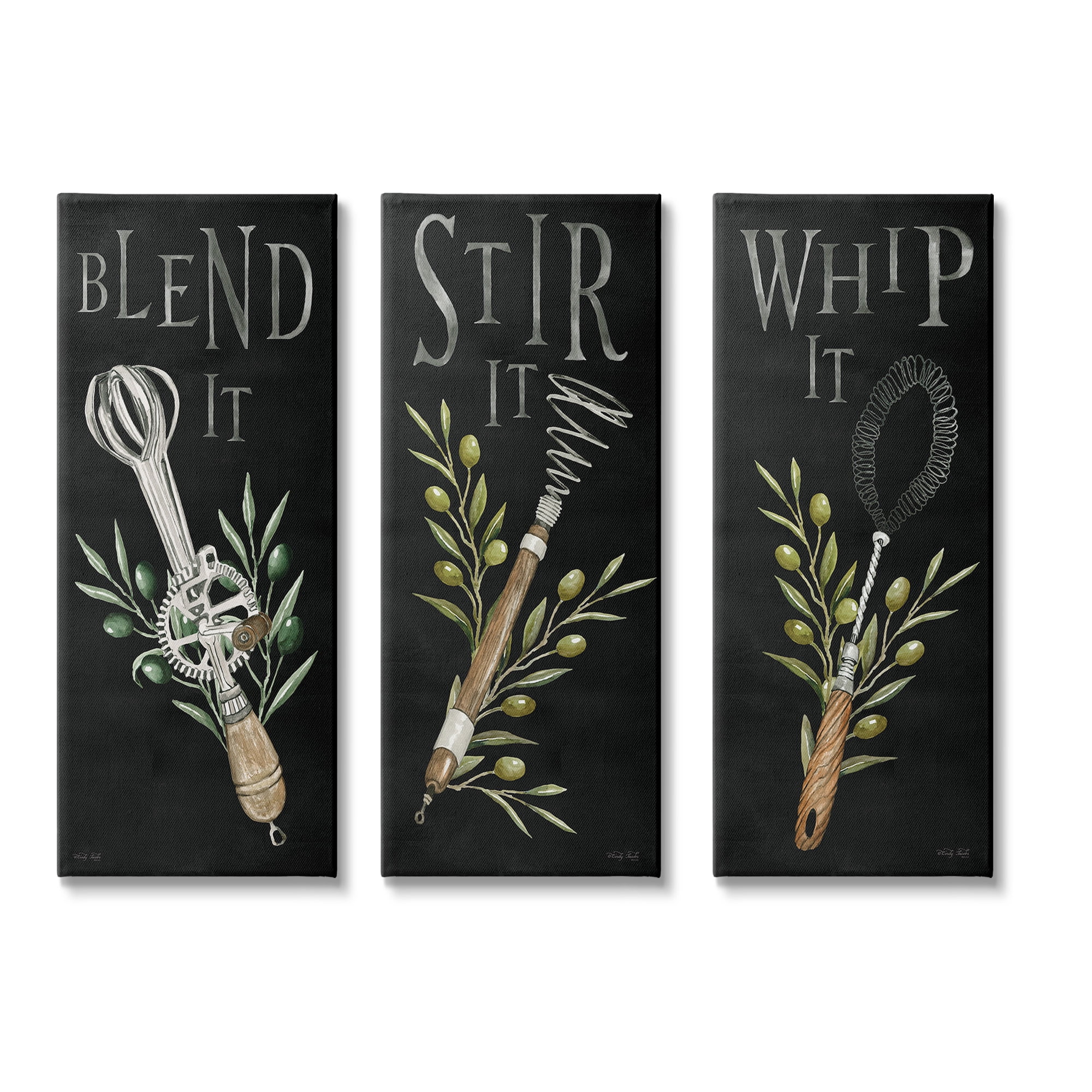 Stupell Industries Kitchen Utensils & Phrases Botanical & Floral Painting Gallery Wrapped Canvas Art Print Wall Art, 10 x 24, Set of 3