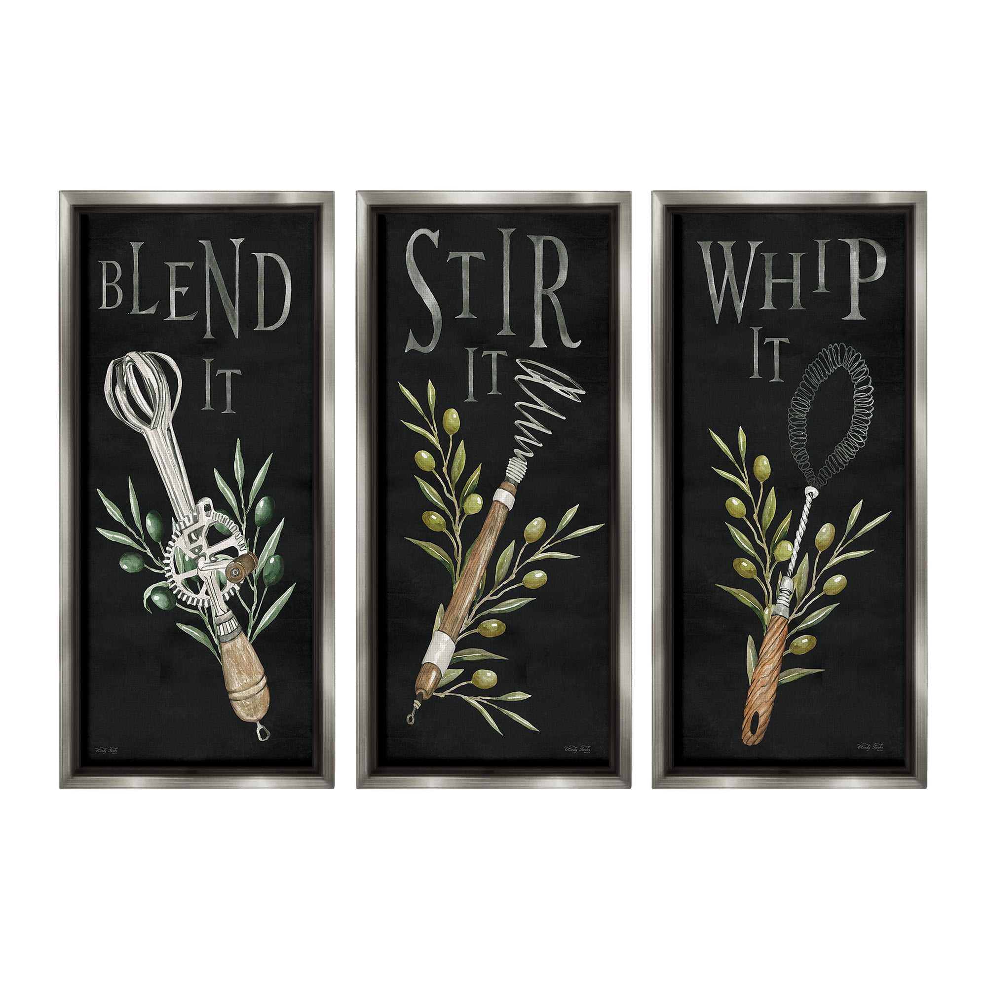 Stupell Industries Kitchen Utensils & Phrases Botanical & Floral Painting Gray Floater Framed Canvas Art Print Wall Art, 14 x 31, Set of 3