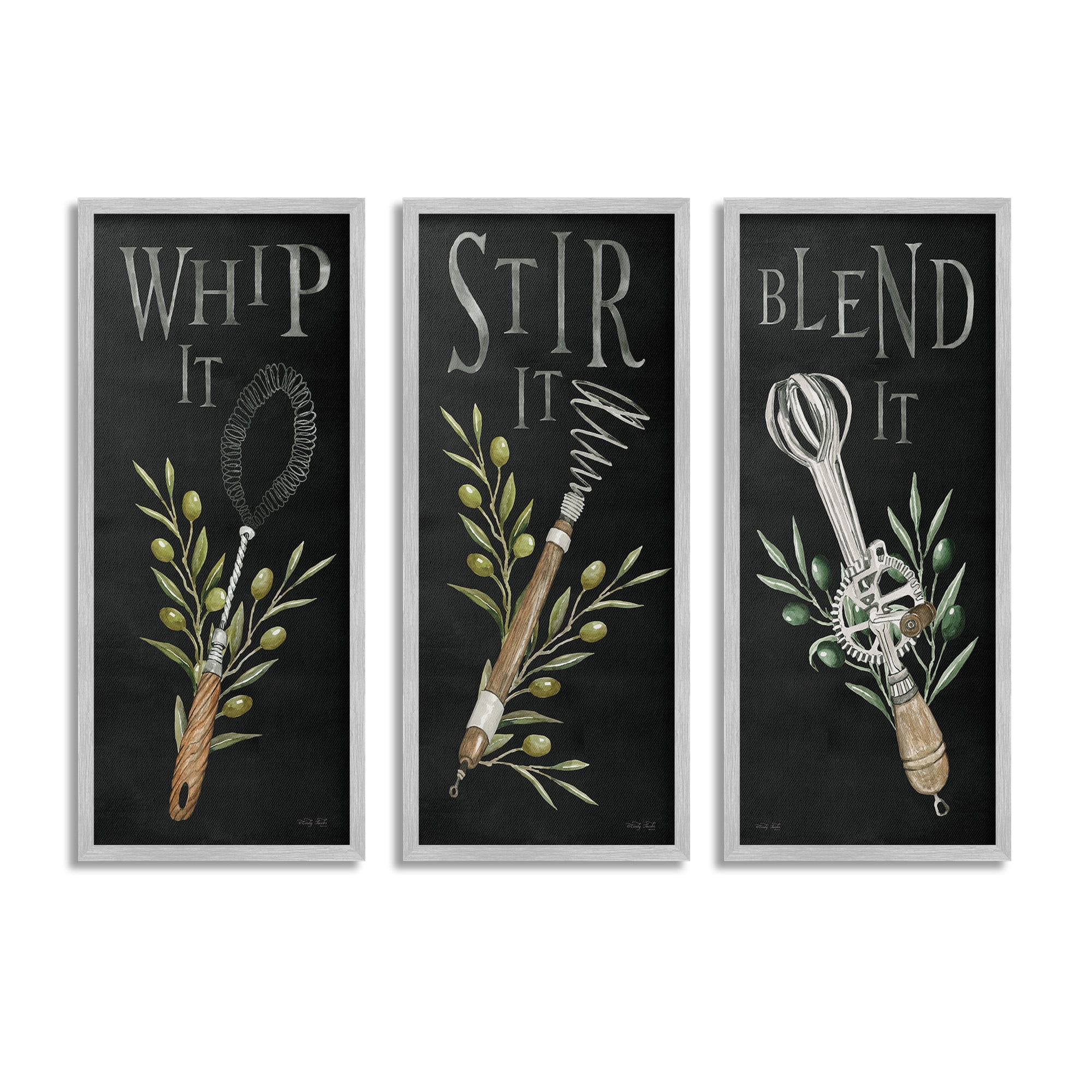 Stupell Industries Kitchen Utensils & Phrases Botanical & Floral Painting Gray Framed Art Print Wall Art, 10 x 24, Set of 3