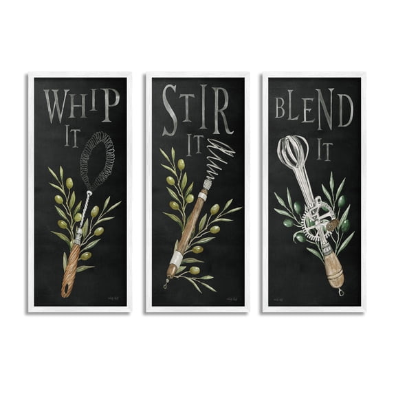 Stupell Industries Kitchen Utensils & Phrases Botanical & Floral Painting White Framed Art Print Wall Art, 10 x 24, Set of 3