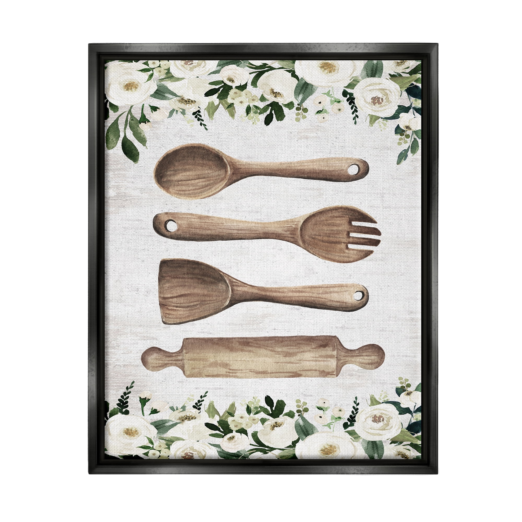 Stupell Industries Kitchen Utensils & Roses Botanical & Floral Painting Black Floater Framed Art Print Wall Art, 17 x 21