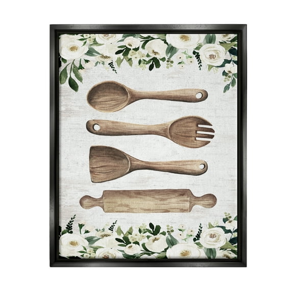 Stupell Industries Kitchen Utensils & Roses Botanical & Floral Painting Black Floater Framed Art Print Wall Art, 17 x 21