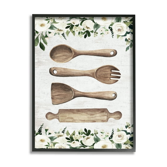 Stupell Industries Kitchen Utensils & Roses Botanical & Floral Painting Black Framed Art Print Wall Art, 16 x 20