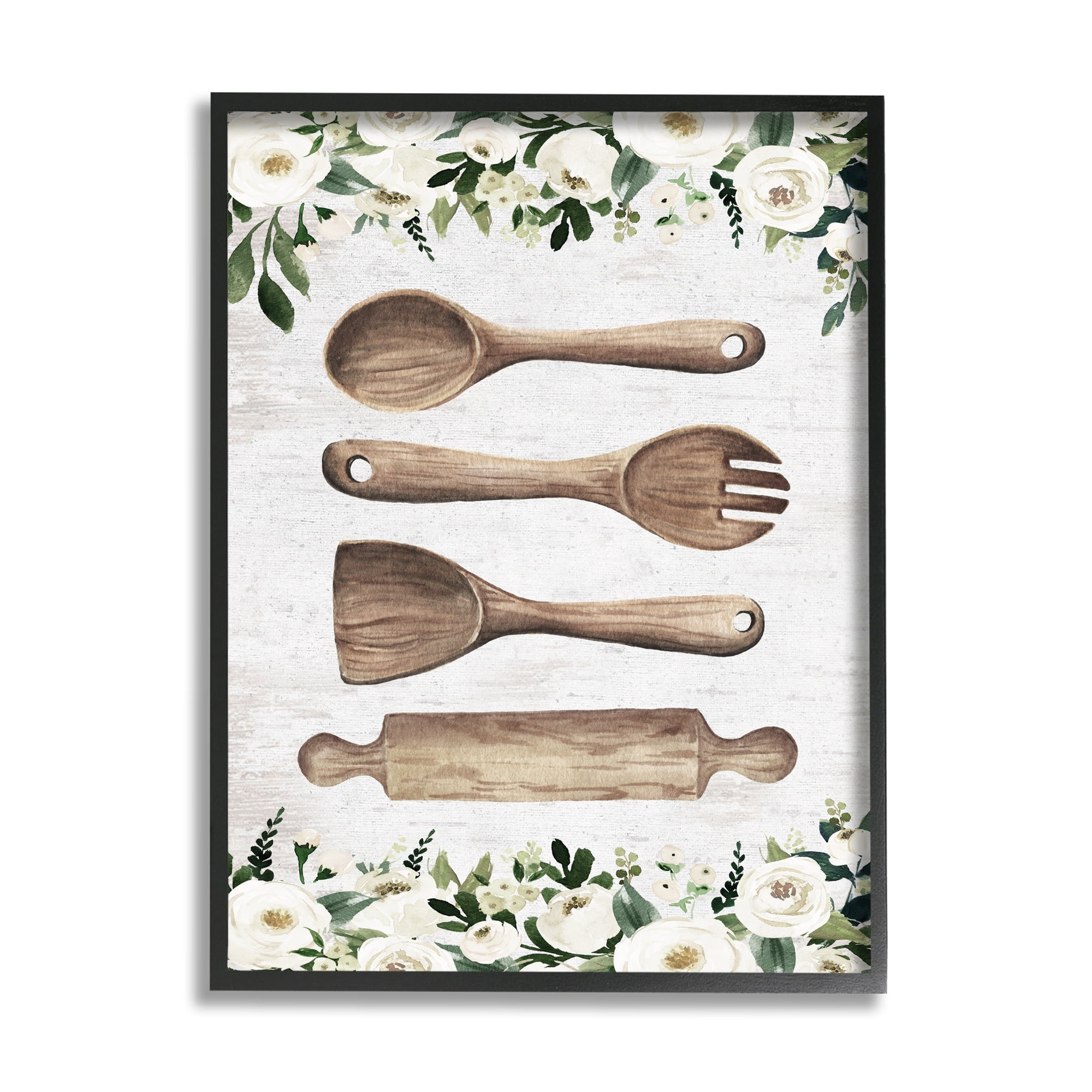 Stupell Industries Kitchen Utensils & Roses Botanical & Floral Painting Black Framed Art Print Wall Art, 24 x 30