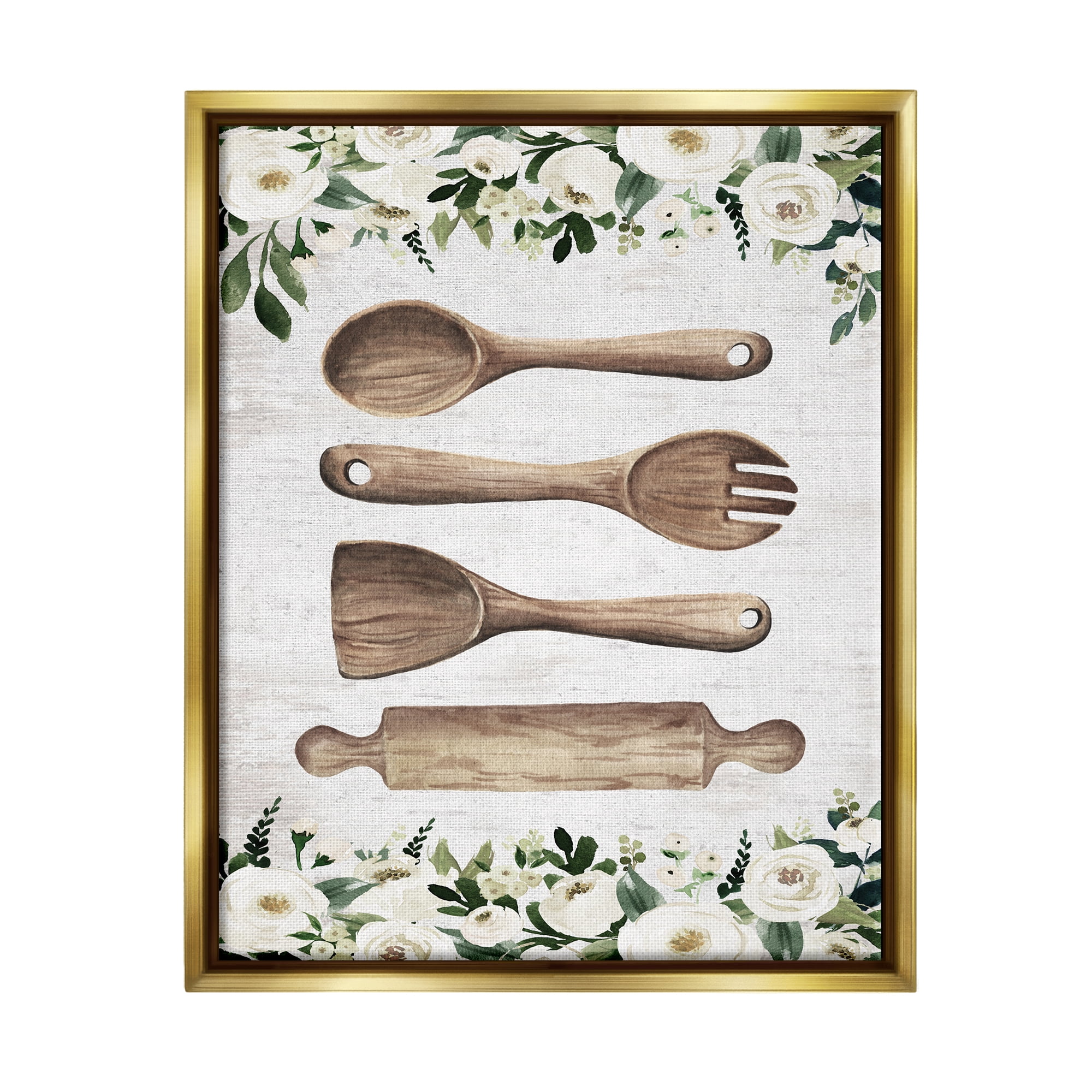Stupell Industries Kitchen Utensils & Roses Botanical & Floral Painting Gold Floater Framed Art Print Wall Art, 17 x 21