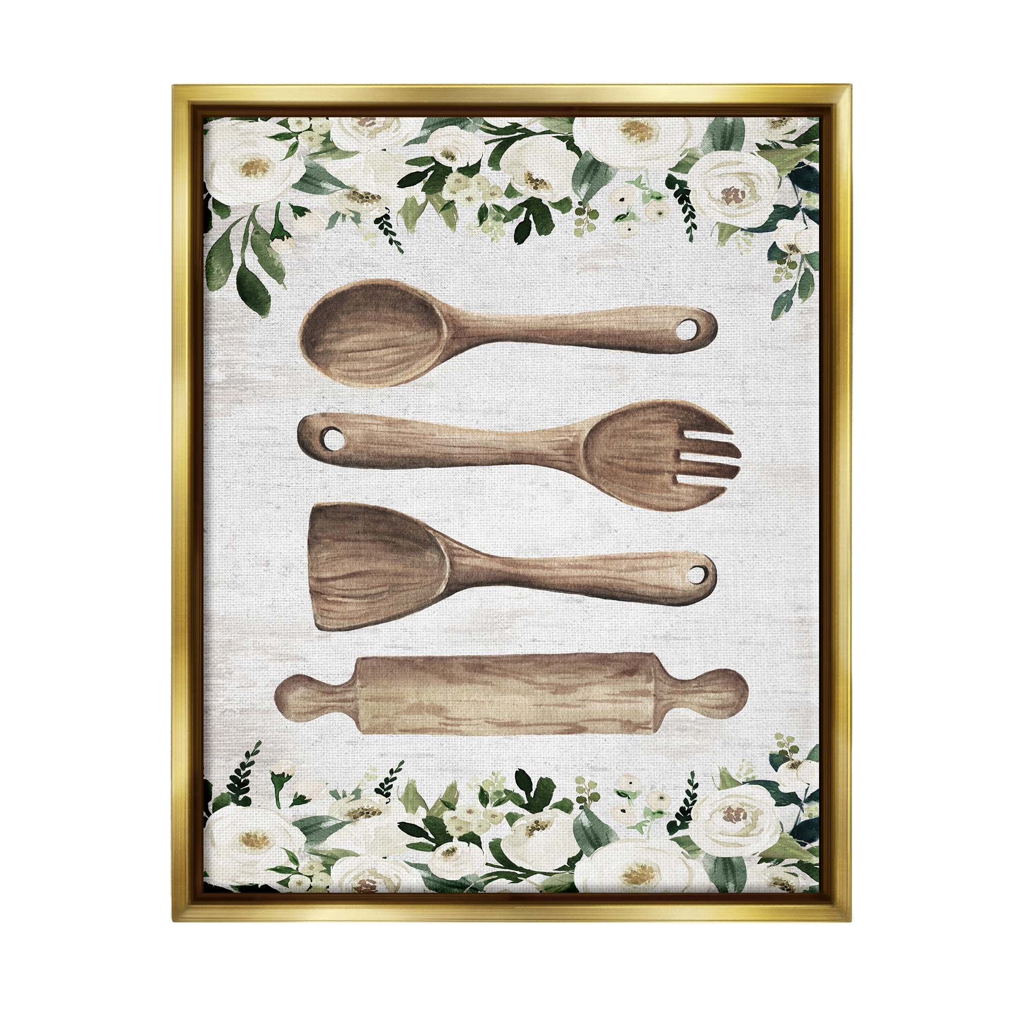 Stupell Industries Kitchen Utensils & Roses Botanical & Floral Painting Gold Floater Framed Art Print Wall Art, 25 x 31